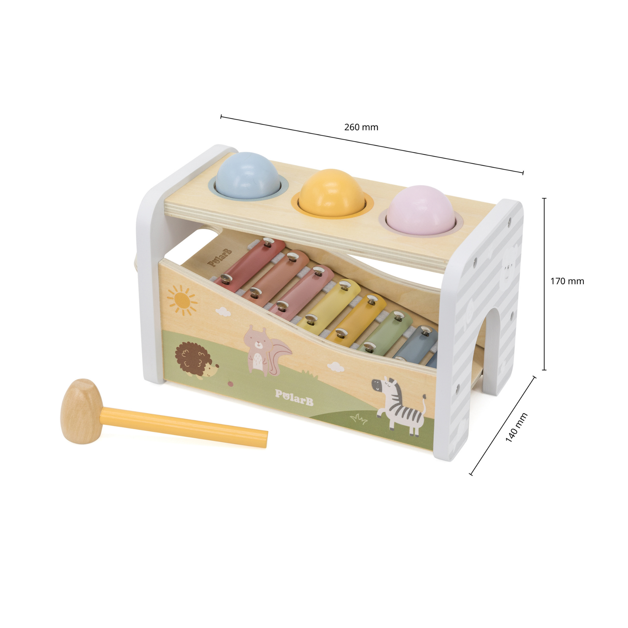 لعبة بولار بي الموسيقية 2 في 1، مقعد خشبي للضرب مع إكسيليفون للأطفال الصغار - لعبة حسية مستوحاة من مونتيسوري، مناسبة للأعمار من 18 شهرًا فما فوق