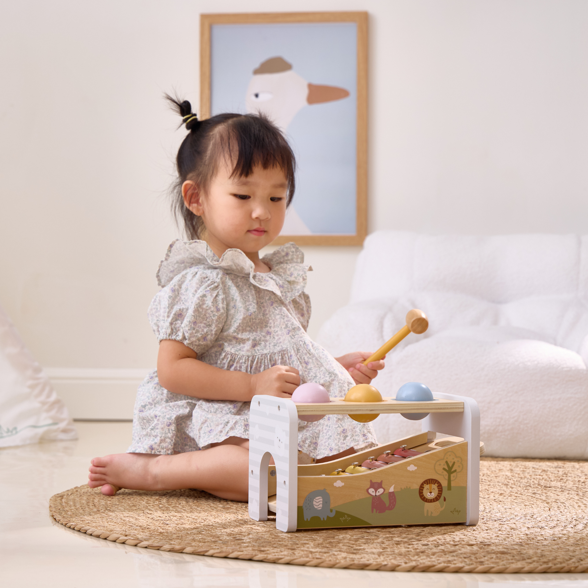 لعبة بولار بي الموسيقية 2 في 1، مقعد خشبي للضرب مع إكسيليفون للأطفال الصغار - لعبة حسية مستوحاة من مونتيسوري، مناسبة للأعمار من 18 شهرًا فما فوق