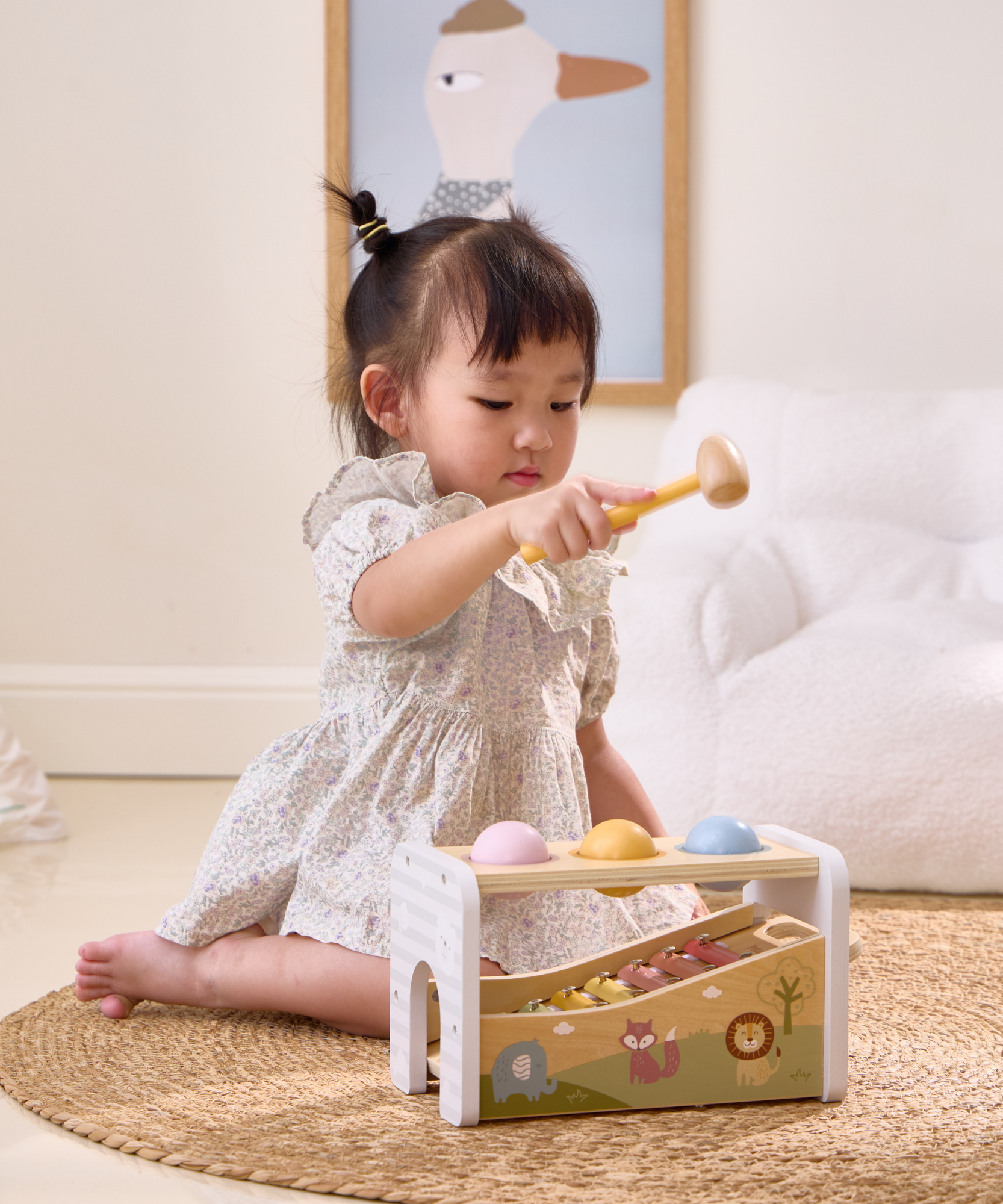 لعبة بولار بي الموسيقية 2 في 1، مقعد خشبي للضرب مع إكسيليفون للأطفال الصغار - لعبة حسية مستوحاة من مونتيسوري، مناسبة للأعمار من 18 شهرًا فما فوق