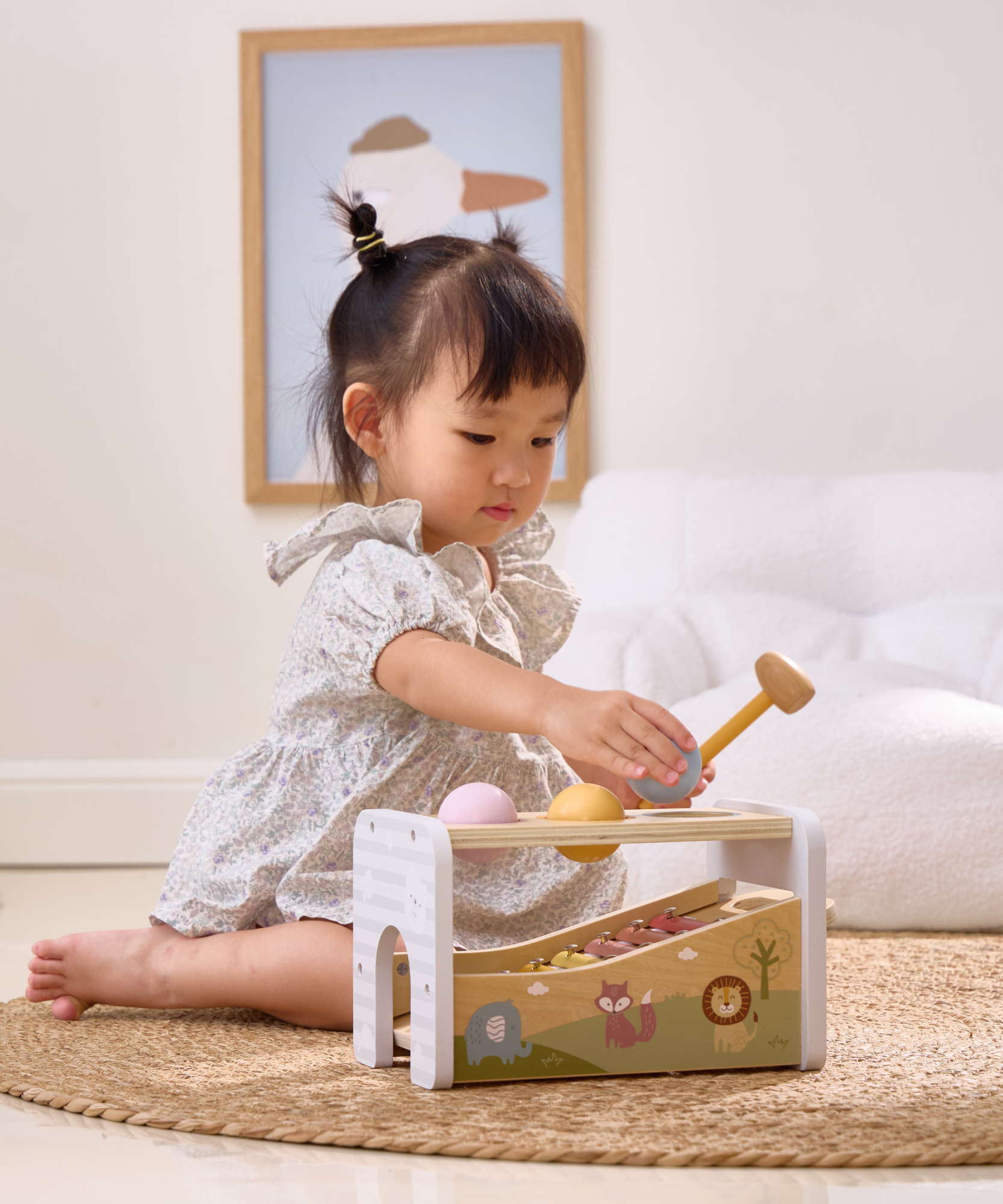 لعبة بولار بي الموسيقية 2 في 1، مقعد خشبي للضرب مع إكسيليفون للأطفال الصغار - لعبة حسية مستوحاة من مونتيسوري، مناسبة للأعمار من 18 شهرًا فما فوق