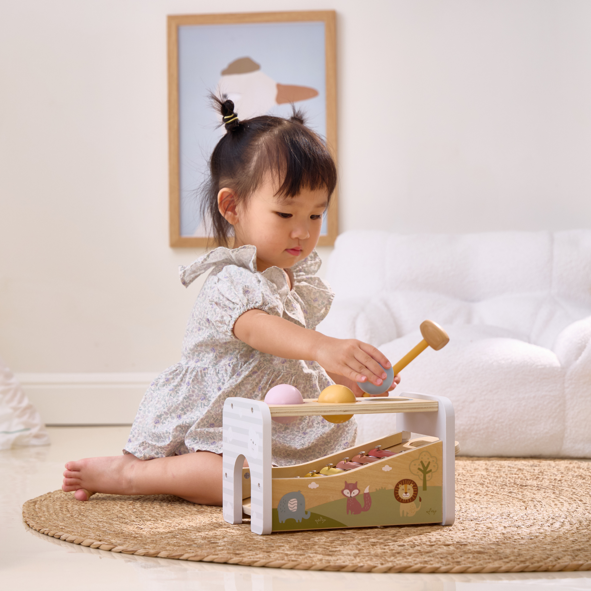 لعبة بولار بي الموسيقية 2 في 1، مقعد خشبي للضرب مع إكسيليفون للأطفال الصغار - لعبة حسية مستوحاة من مونتيسوري، مناسبة للأعمار من 18 شهرًا فما فوق