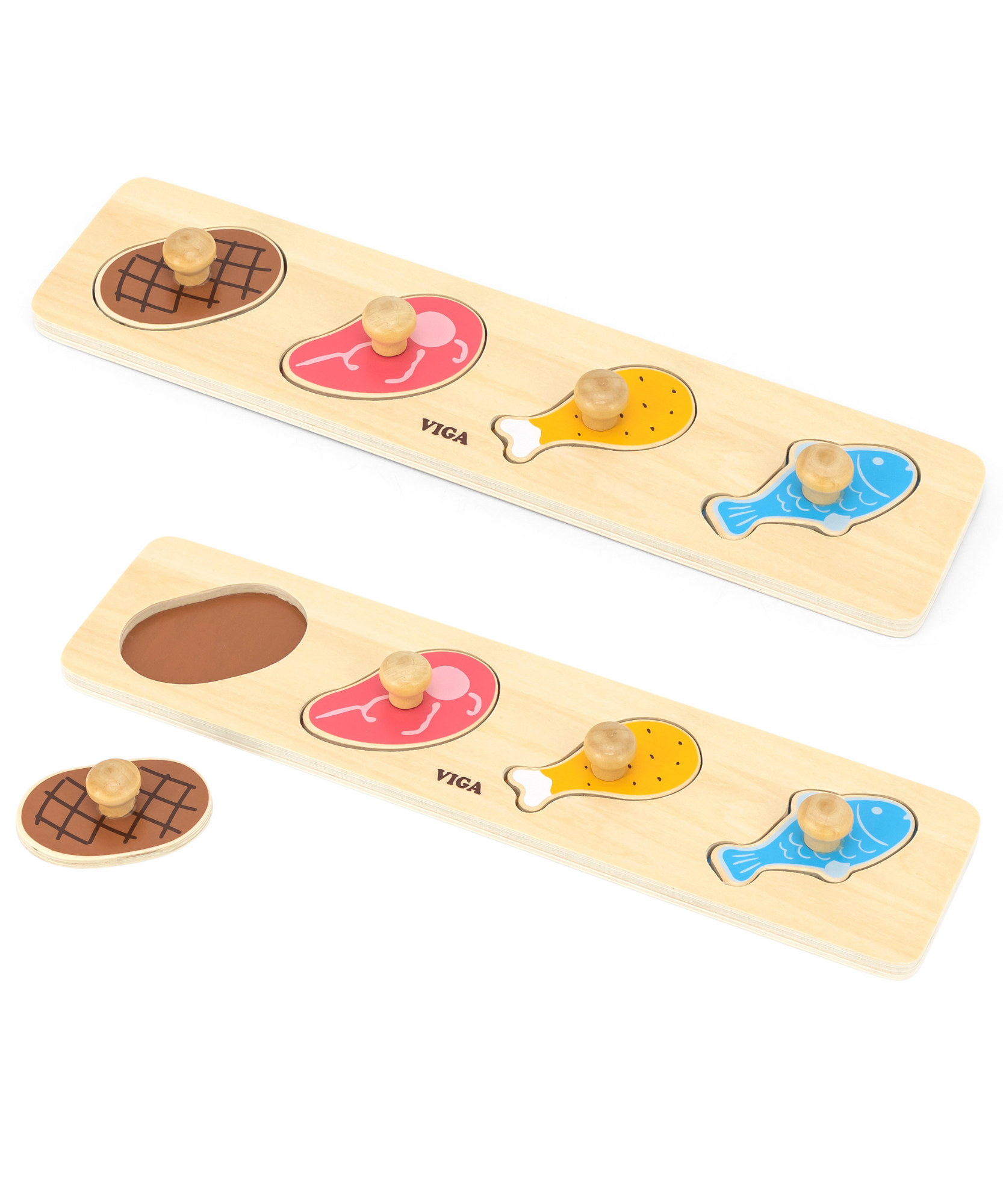 لعبة فيجا لحوم وأسماك، مكونة من 4 قطع، لعبة مونتيسوري خشبية، تنمي المهارات الحسية والإدراكية والحركية الدقيقة، لعبة تعليمية للأطفال غير سامة وصديقة للبيئة، مناسبة للأولاد والبنات من سن 12 شهرًا فما فوق
