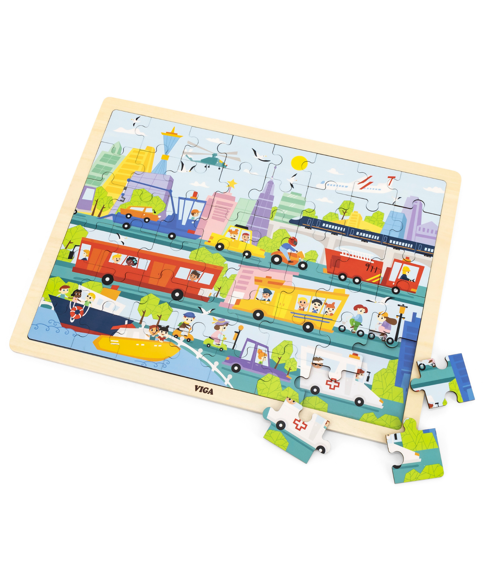 لعبة أحجية الصور المقطوعة من فيجا سيتي ترانسبورتيشن، مكونة من 48 قطعة، لعبة مونتيسوري الخشبية، تُنمّي المهارات الحسية والإدراكية والحركية الدقيقة، لعبة تعليمية للأطفال غير سامة وصديقة للبيئة، مناسبة للأطفال من سن 3 سنوات فما فوق