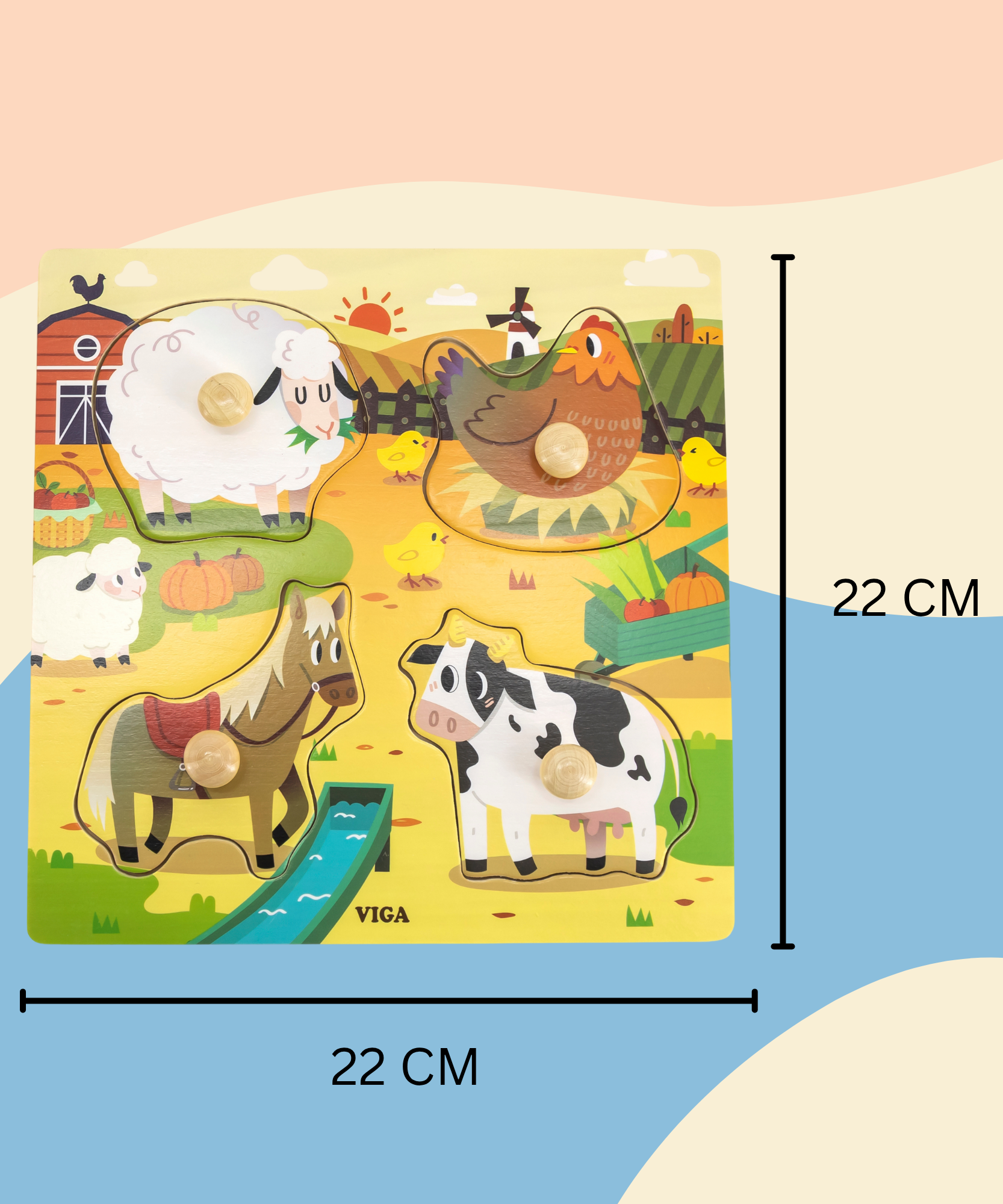 Viga Farm Animals, 4 Piece Knob Puzzle, Montessori Wooden Toy, Develops Sensory, Cognitive & Fine Motor Skills, Non-Toxic & Eco-friendly Kids Educational Toy, Suitable for Children Aged 12M+