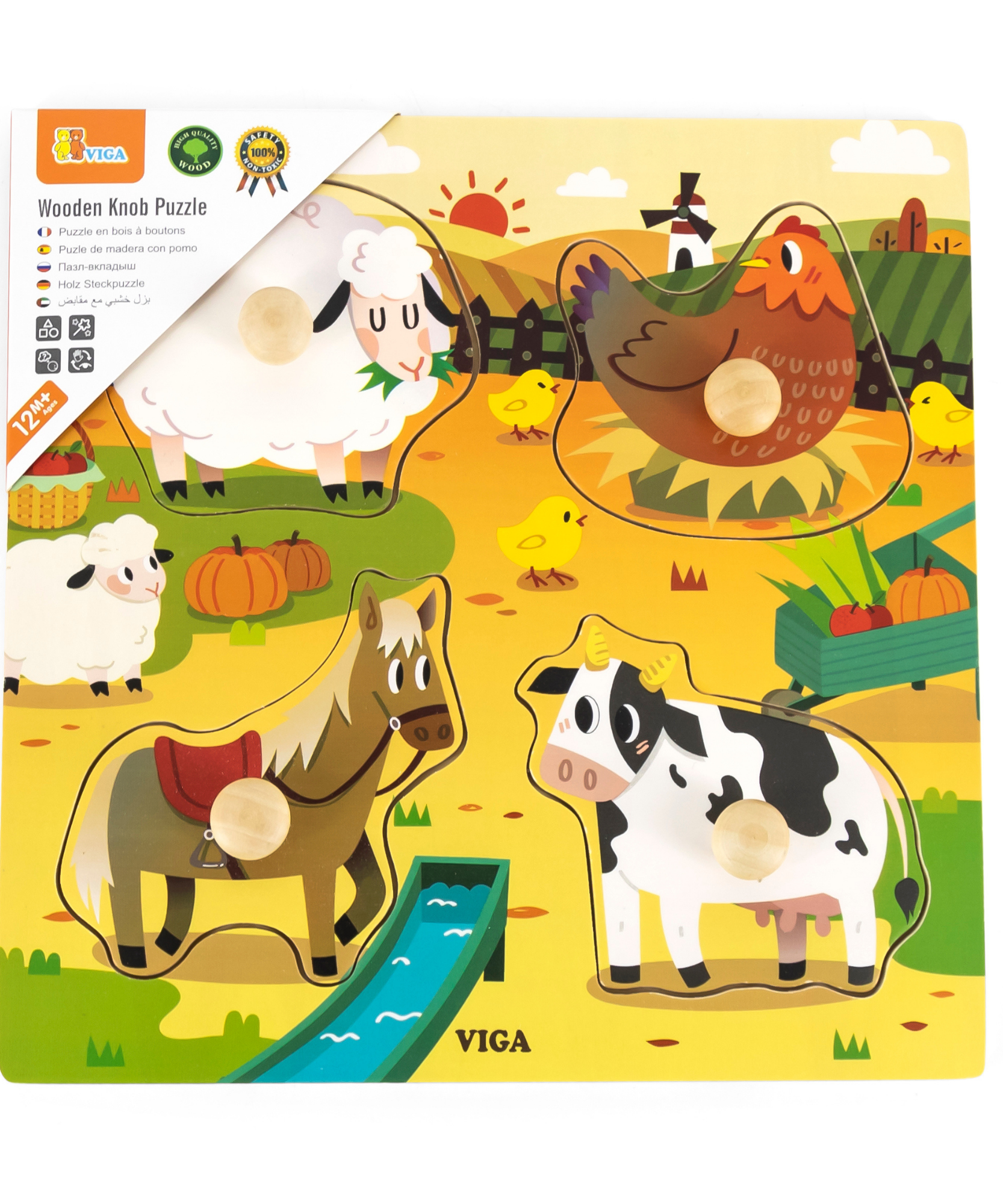 Viga Farm Animals, 4 Piece Knob Puzzle, Montessori Wooden Toy, Develops Sensory, Cognitive & Fine Motor Skills, Non-Toxic & Eco-friendly Kids Educational Toy, Suitable for Children Aged 12M+