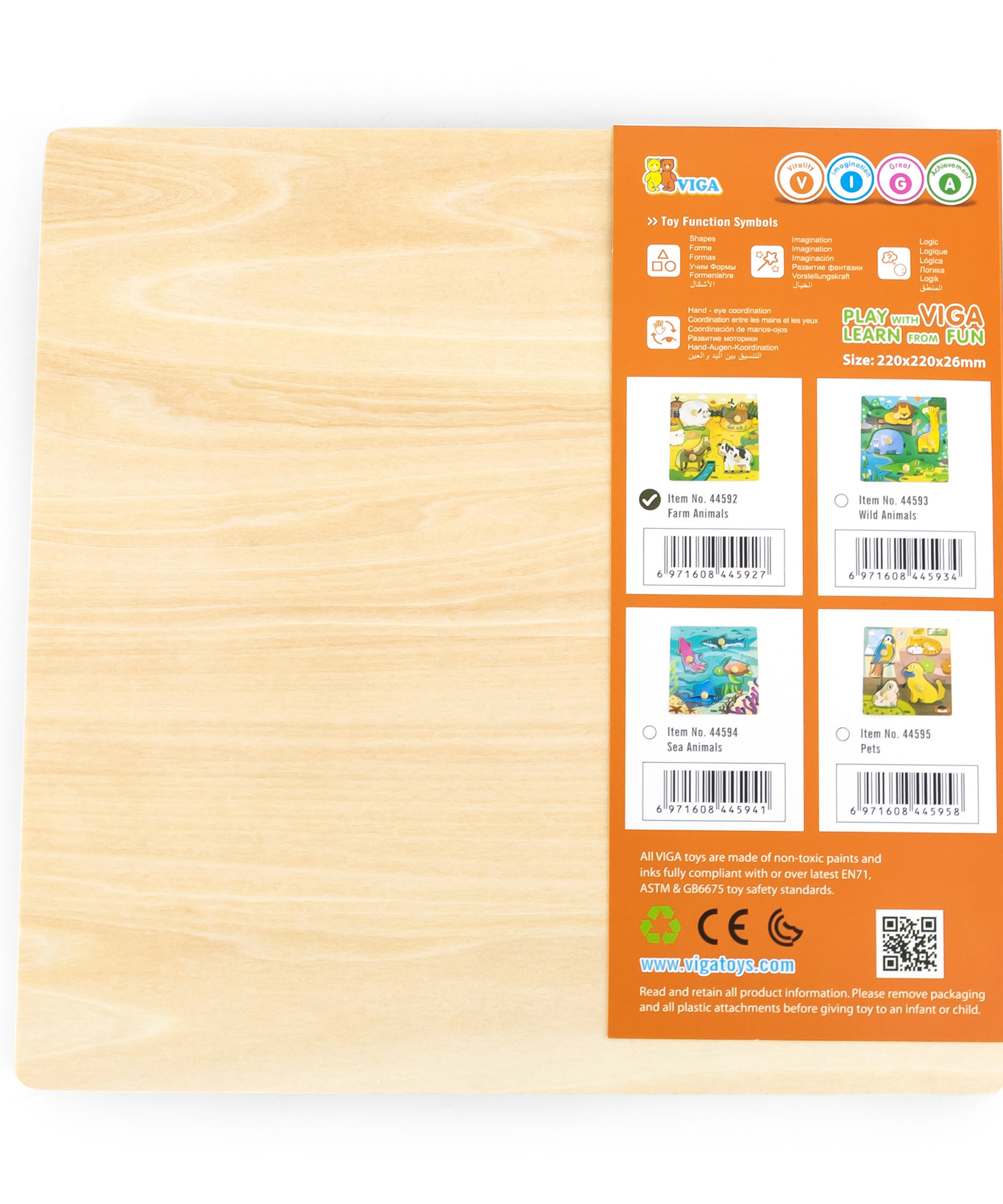 Viga Farm Animals, 4 Piece Knob Puzzle, Montessori Wooden Toy, Develops Sensory, Cognitive & Fine Motor Skills, Non-Toxic & Eco-friendly Kids Educational Toy, Suitable for Children Aged 12M+