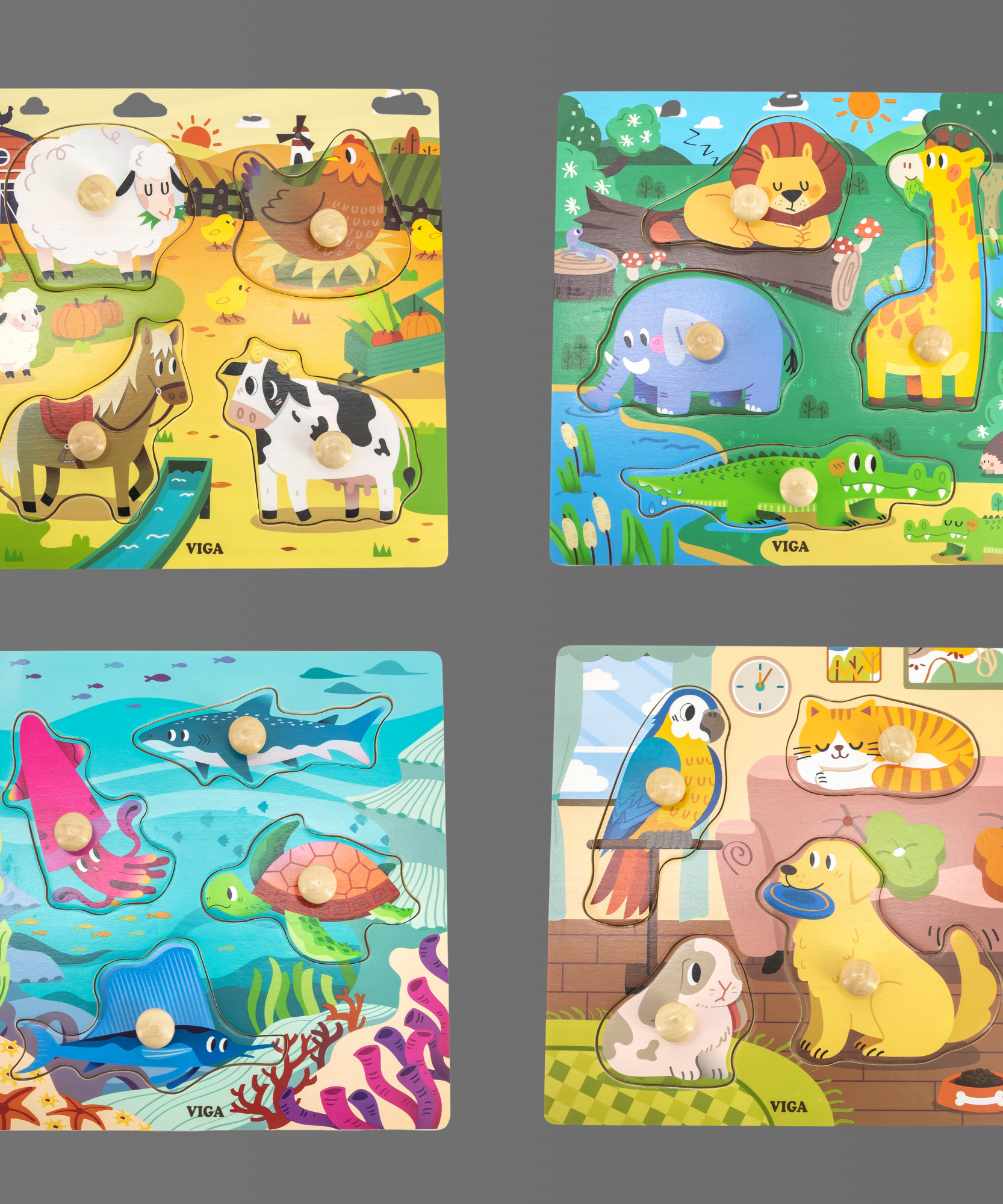 Viga Farm Animals, 4 Piece Knob Puzzle, Montessori Wooden Toy, Develops Sensory, Cognitive & Fine Motor Skills, Non-Toxic & Eco-friendly Kids Educational Toy, Suitable for Children Aged 12M+