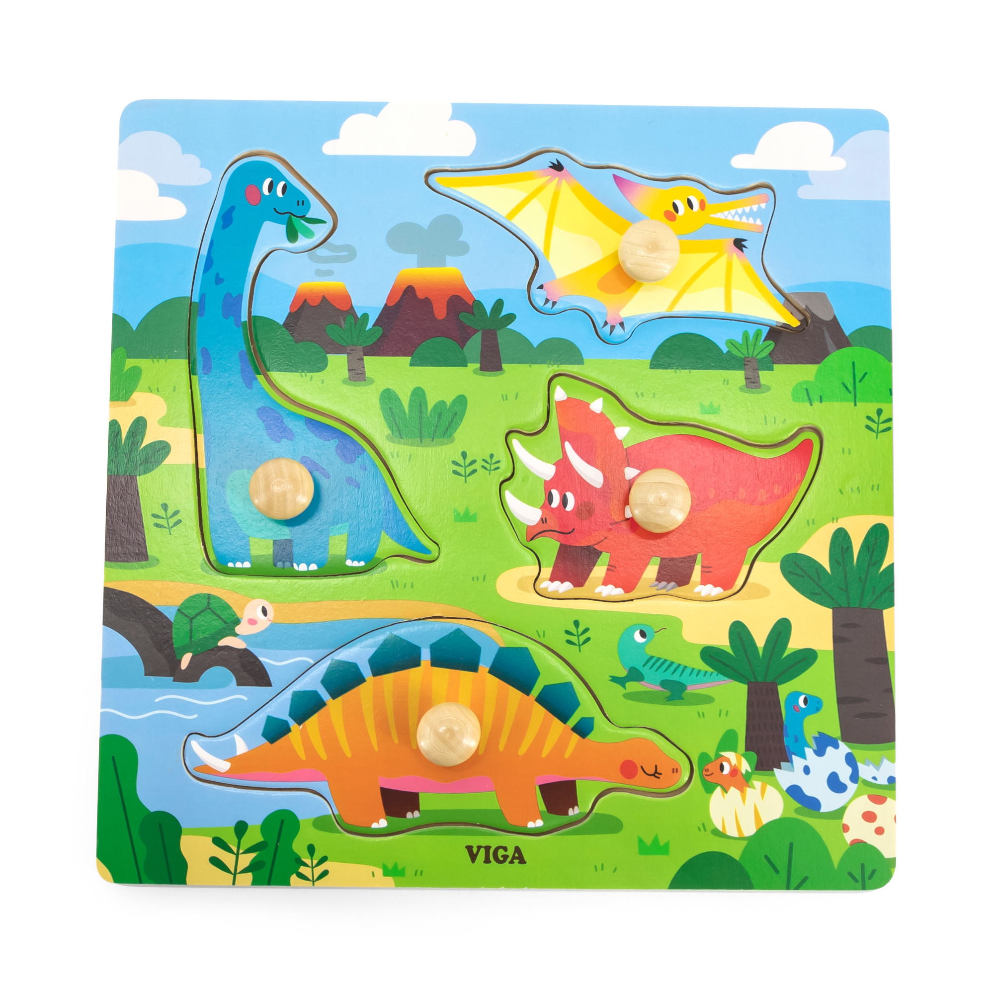Viga Dinosaurs, 4 Piece Knob Puzzle, Montessori Wooden Toy, Develops Sensory, Cognitive & Fine Motor Skills, Non-Toxic & Eco-friendly Kids Educational Toy, Suitable for Boys and Girls Aged 12M+