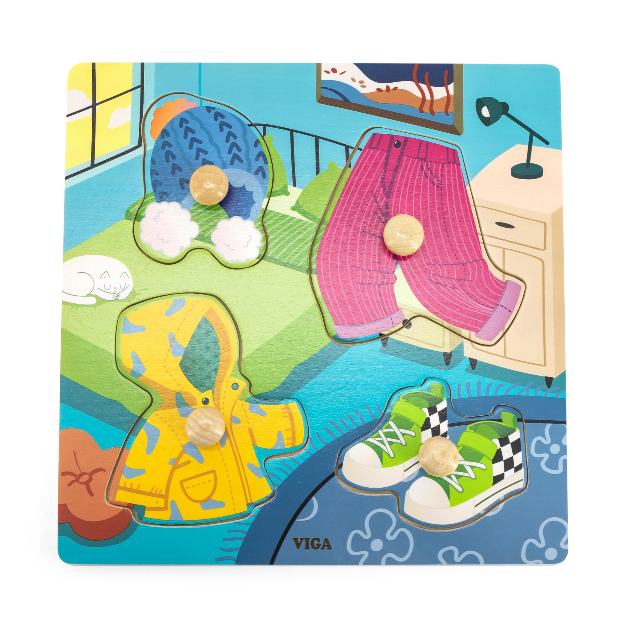 Viga Clothes, 4 Piece Knob Puzzle, Montessori Wooden Toy, Develops Sensory, Cognitive & Fine Motor Skills, Non-Toxic & Eco-friendly Kids Educational Toy, Suitable for Boys and Girls Aged 12M+