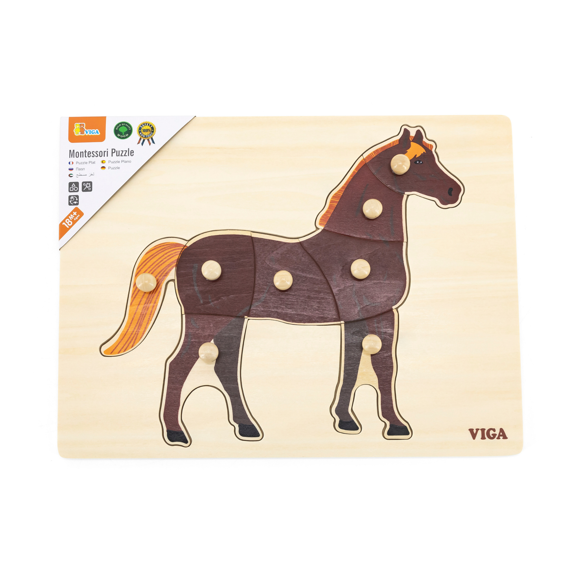 Viga Horse, Farm Animals, 8 Piece Knob Puzzle, Montessori Wooden Toy, Develops Sensory, Cognitive & Fine Motor Skills, Non-Toxic & Eco-friendly Kids Educational Toy, Suitable for Children Aged 18M+