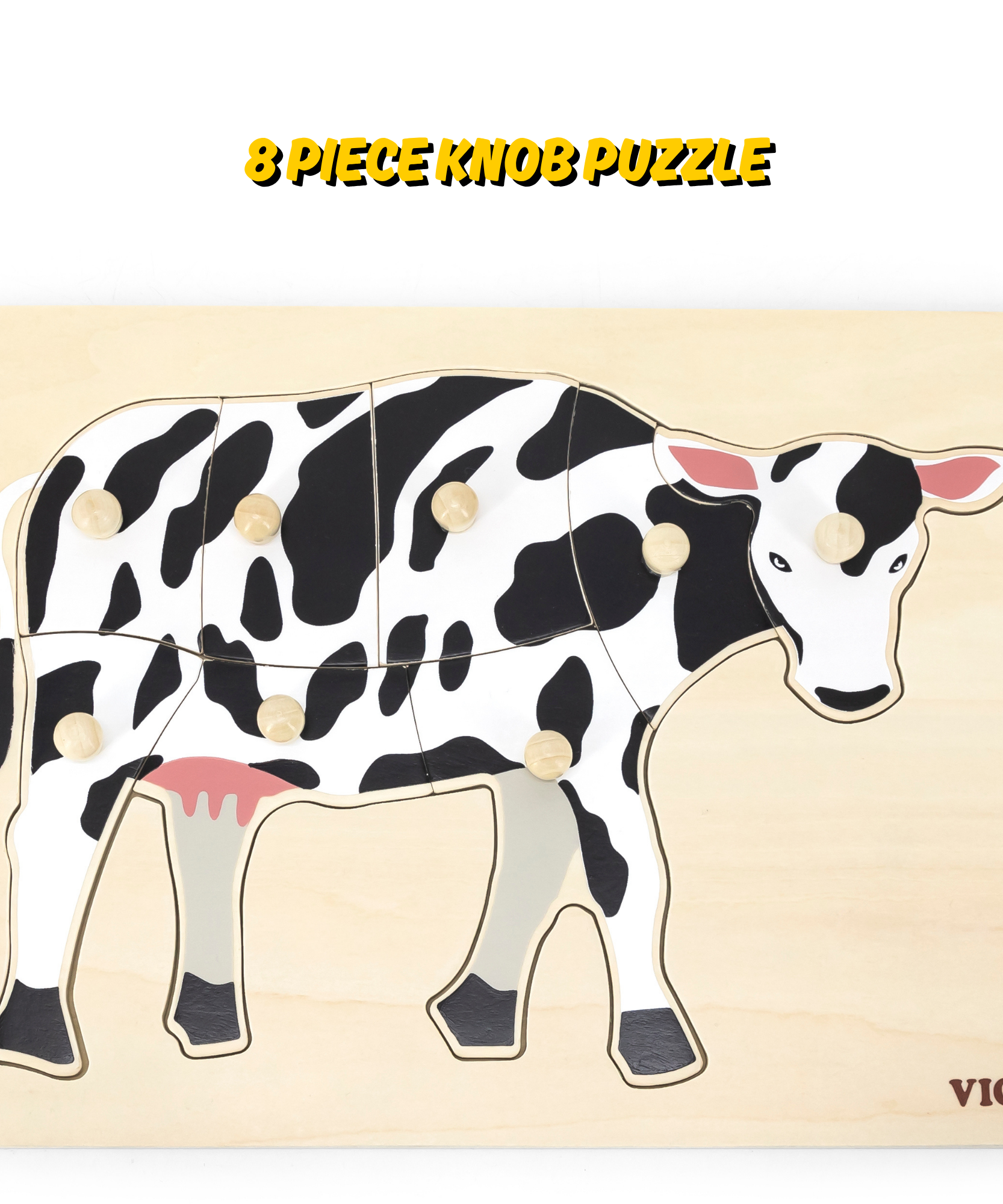 بقرة فيجا، حيوانات المزرعة، أحجية بمقبض من 8 قطع، لعبة مونتيسوري الخشبية، تنمي المهارات الحسية والإدراكية والحركية الدقيقة، لعبة تعليمية للأطفال غير سامة وصديقة للبيئة، مناسبة للأطفال من سن 18 شهرًا فما فوق