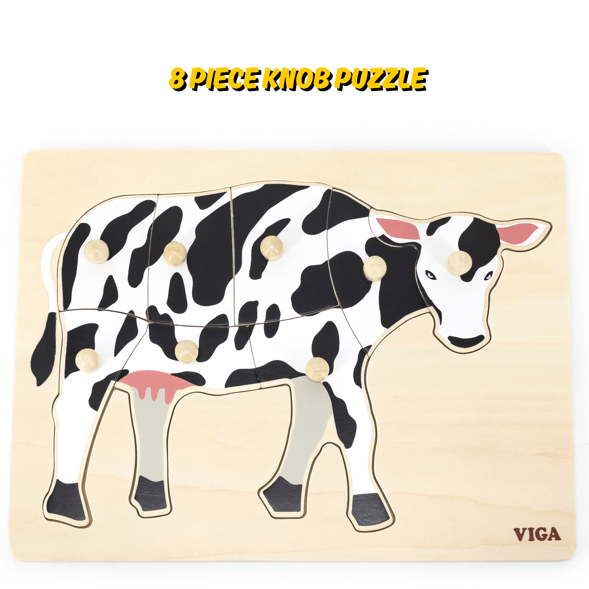 بقرة فيجا، حيوانات المزرعة، أحجية بمقبض من 8 قطع، لعبة مونتيسوري الخشبية، تنمي المهارات الحسية والإدراكية والحركية الدقيقة، لعبة تعليمية للأطفال غير سامة وصديقة للبيئة، مناسبة للأطفال من سن 18 شهرًا فما فوق