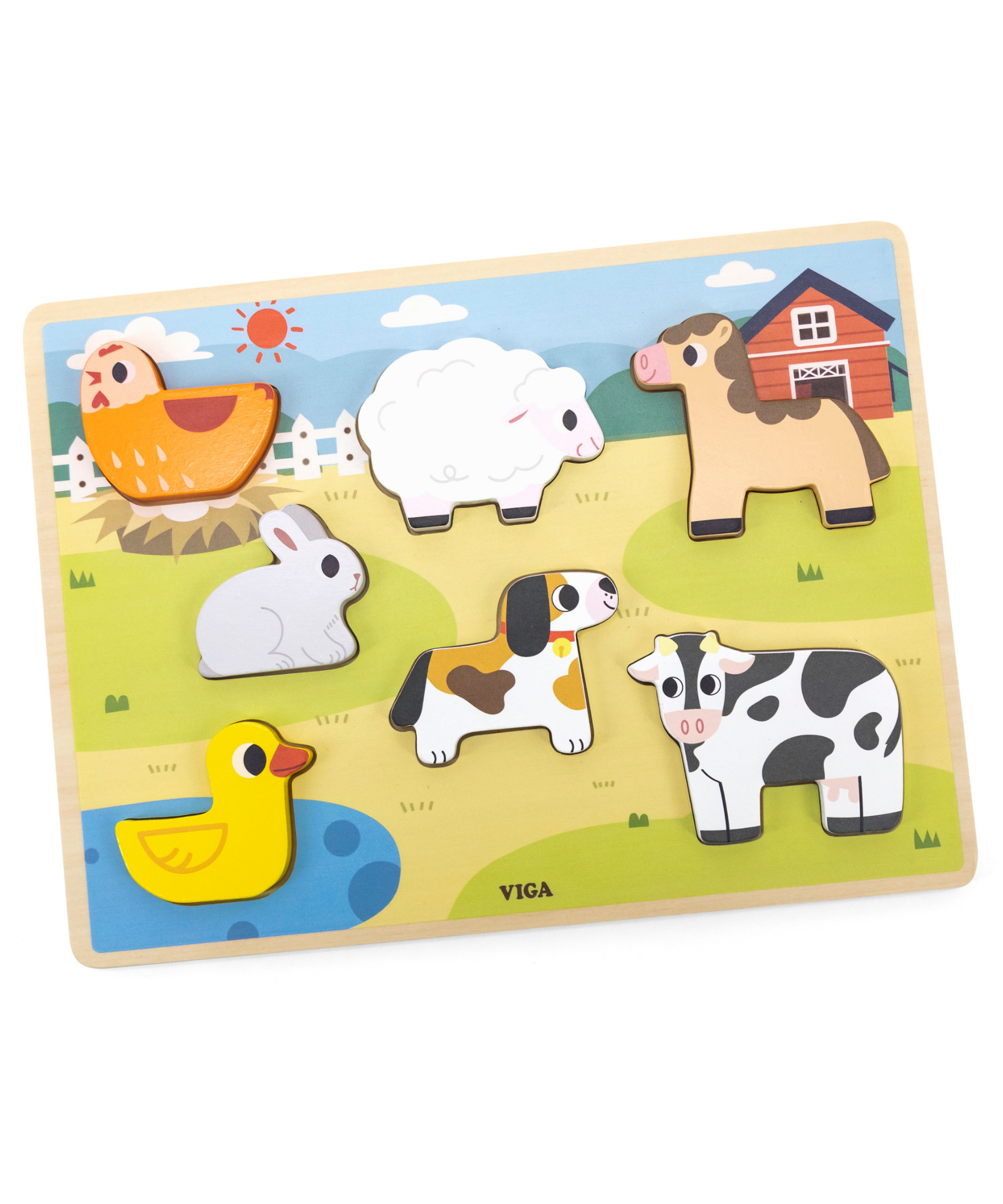 Viga Farm Animals, 7 Piece Block Puzzle, Montessori Wooden Toy, Develops Sensory, Cognitive & Fine Motor Skills, Non-Toxic & Eco-friendly Kids Educational Toy, Suitable for Boys and Girls Aged 18M+
