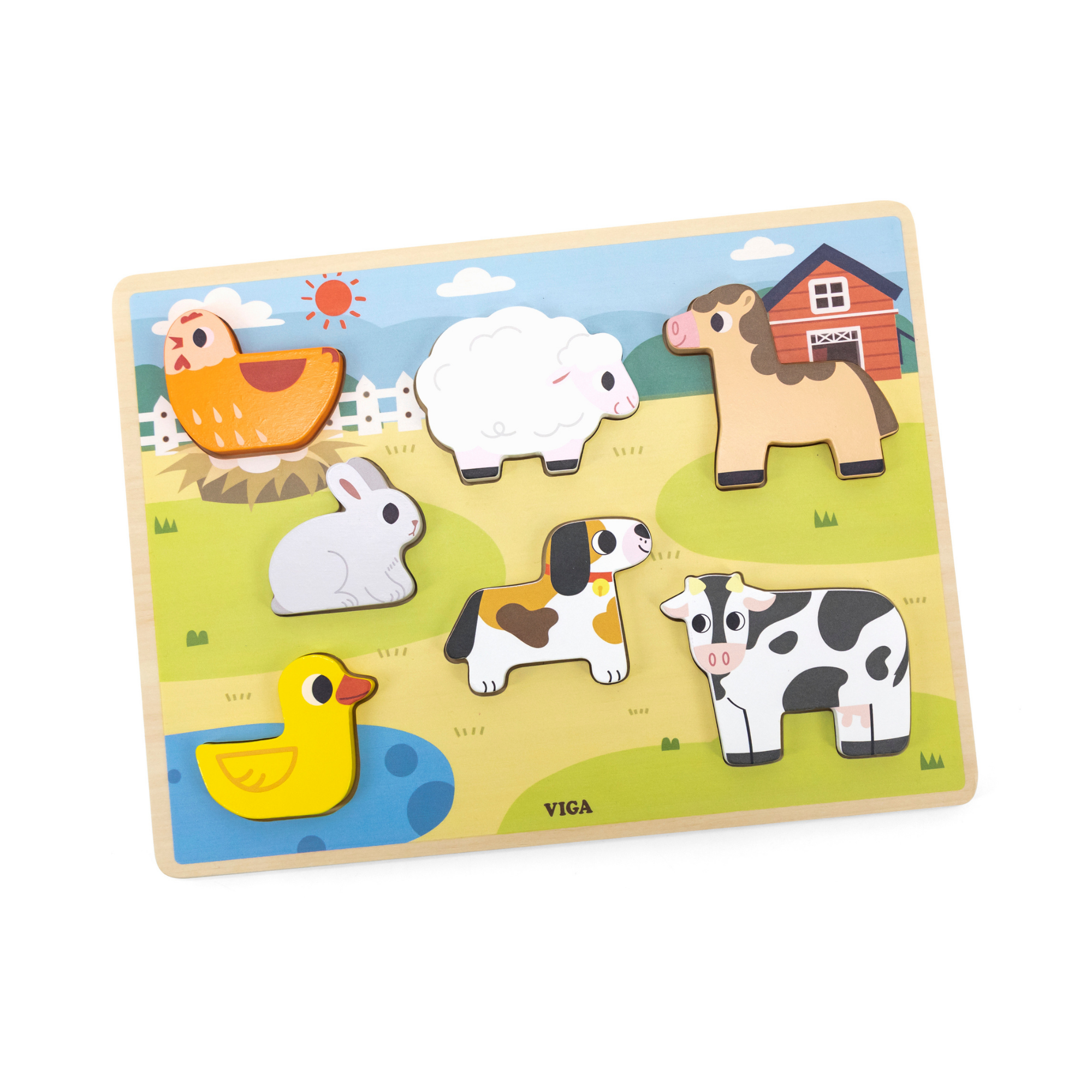 Viga Farm Animals, 7 Piece Block Puzzle, Montessori Wooden Toy, Develops Sensory, Cognitive & Fine Motor Skills, Non-Toxic & Eco-friendly Kids Educational Toy, Suitable for Boys and Girls Aged 18M+