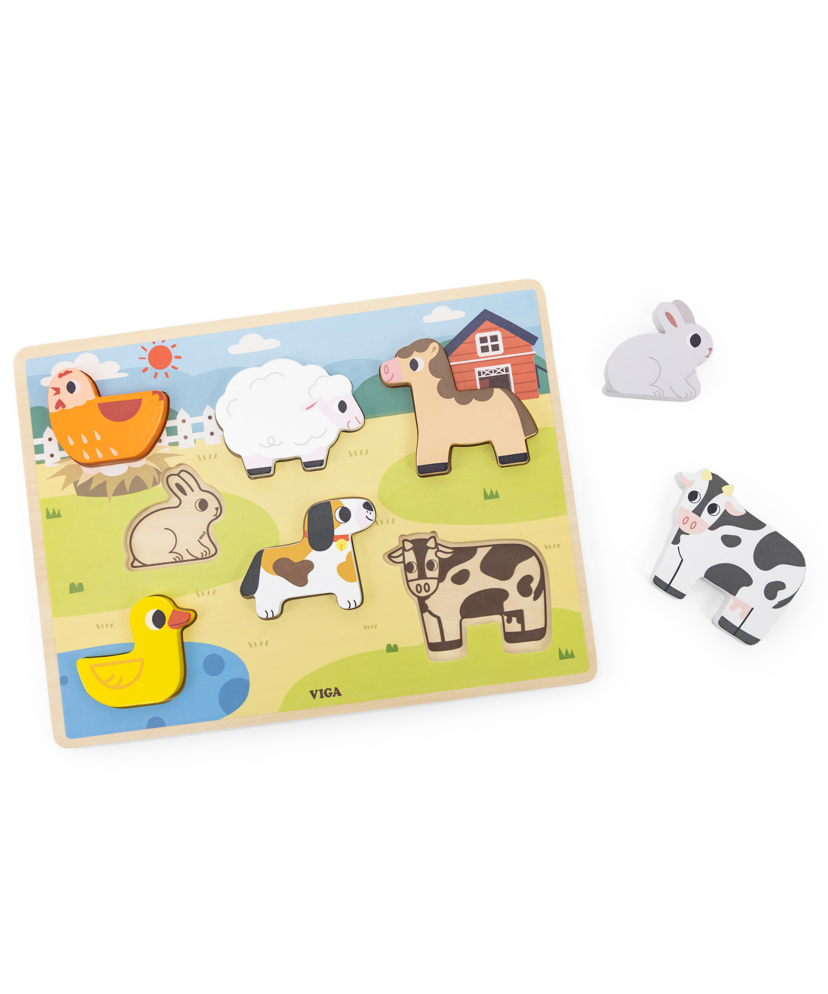 Viga Farm Animals, 7 Piece Block Puzzle, Montessori Wooden Toy, Develops Sensory, Cognitive & Fine Motor Skills, Non-Toxic & Eco-friendly Kids Educational Toy, Suitable for Boys and Girls Aged 18M+