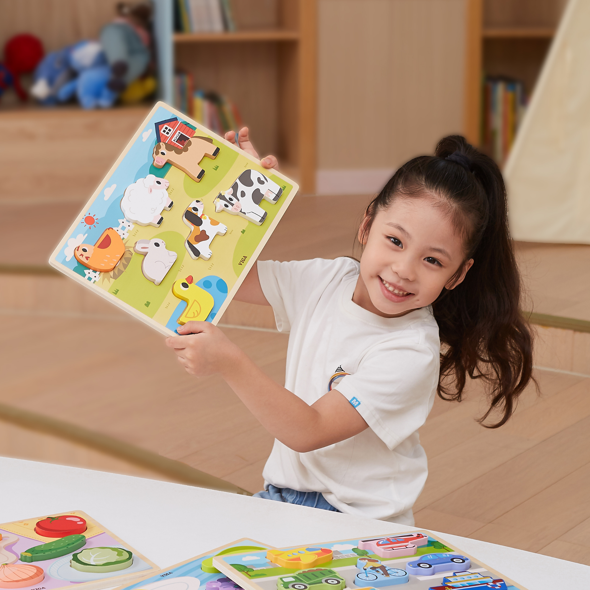 Viga Farm Animals, 7 Piece Block Puzzle, Montessori Wooden Toy, Develops Sensory, Cognitive & Fine Motor Skills, Non-Toxic & Eco-friendly Kids Educational Toy, Suitable for Boys and Girls Aged 18M+