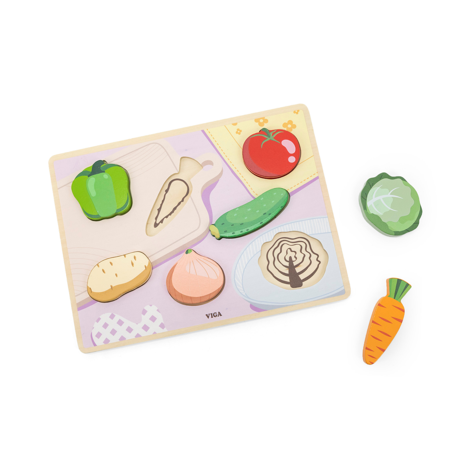 Viga Vegetables, 7 Piece Block Puzzle, Montessori Wooden Toy, Develops Sensory, Cognitive & Fine Motor Skills, Non-Toxic & Eco-friendly Kids Educational Toy, Suitable for Boys and Girls Aged 18M+