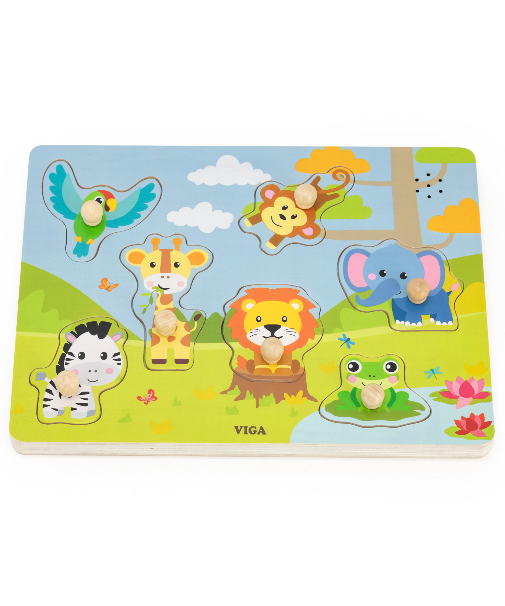 لعبة أحجية فيجا جانجل أنيملز، 7 قطع مع صوت، لعبة مونتيسوري خشبية، تُنمّي المهارات الحسية والإدراكية والحركية الدقيقة، لعبة تعليمية للأطفال غير سامة وصديقة للبيئة، مناسبة للأطفال من سن 18 شهرًا فما فوق