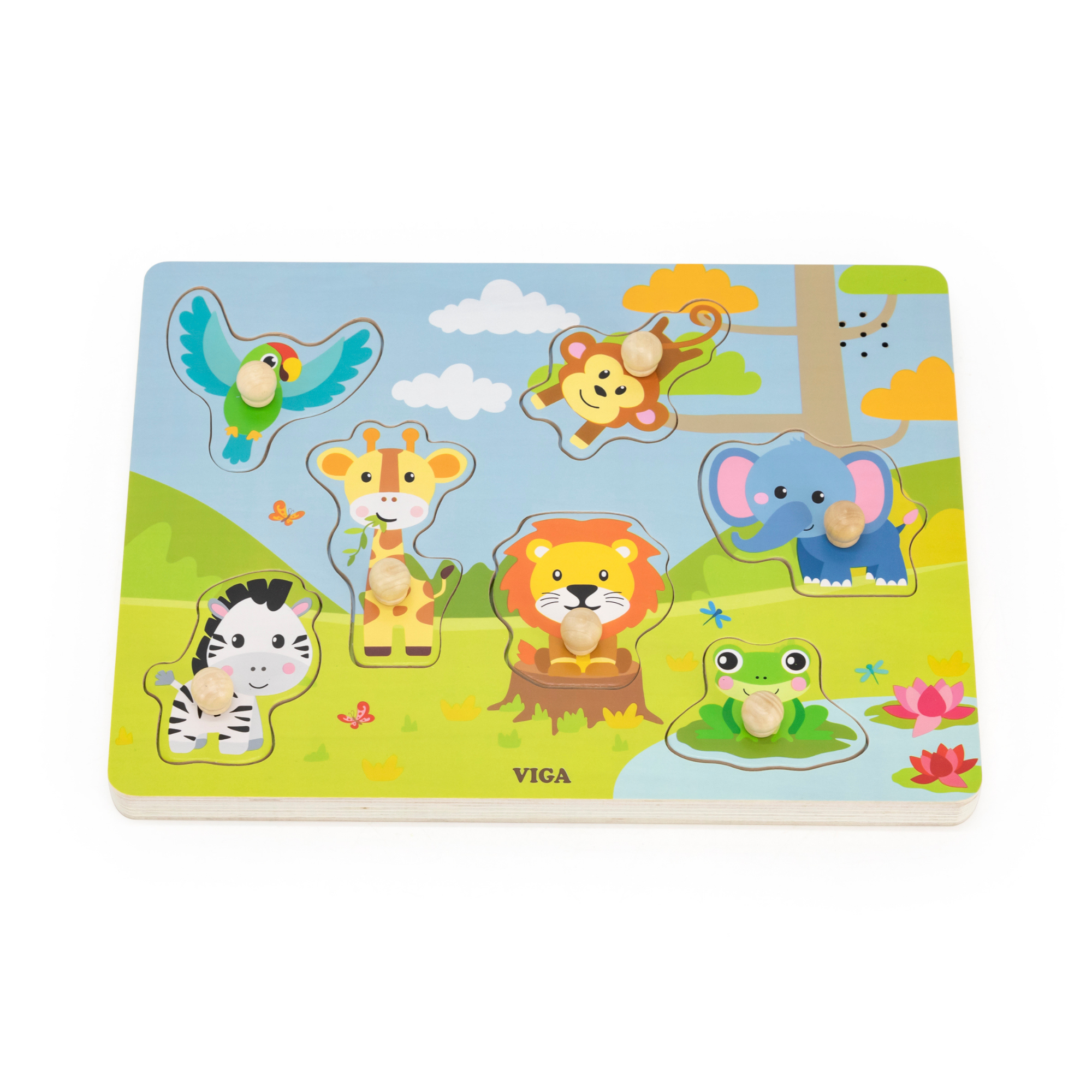 لعبة أحجية فيجا جانجل أنيملز، 7 قطع مع صوت، لعبة مونتيسوري خشبية، تُنمّي المهارات الحسية والإدراكية والحركية الدقيقة، لعبة تعليمية للأطفال غير سامة وصديقة للبيئة، مناسبة للأطفال من سن 18 شهرًا فما فوق