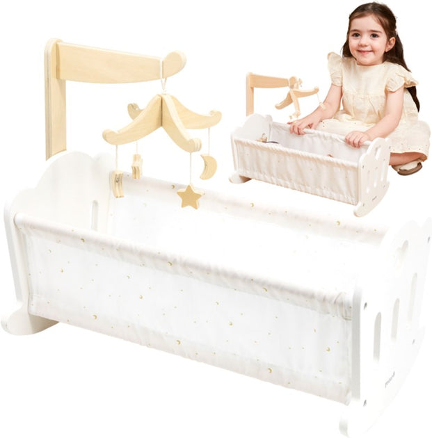 مهد الدمى الخشبي PolarB من خشب متين مع وسادة وبطانية وسرير متحرك، يناسب الدمى حتى 38 سم، للأعمار من 3 سنوات فما فوق