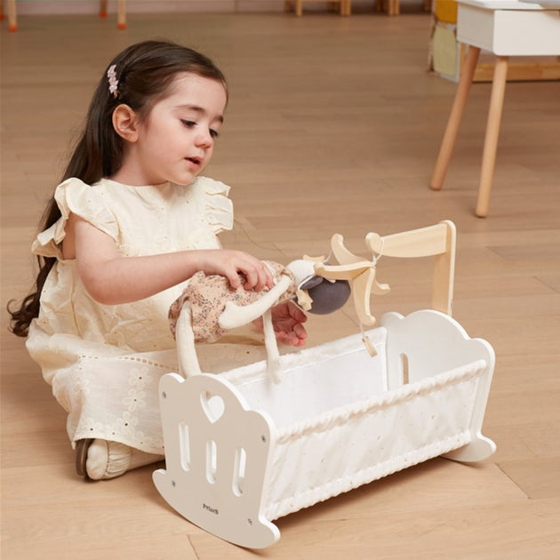 مهد الدمى الخشبي PolarB من خشب متين مع وسادة وبطانية وسرير متحرك، يناسب الدمى حتى 38 سم، للأعمار من 3 سنوات فما فوق