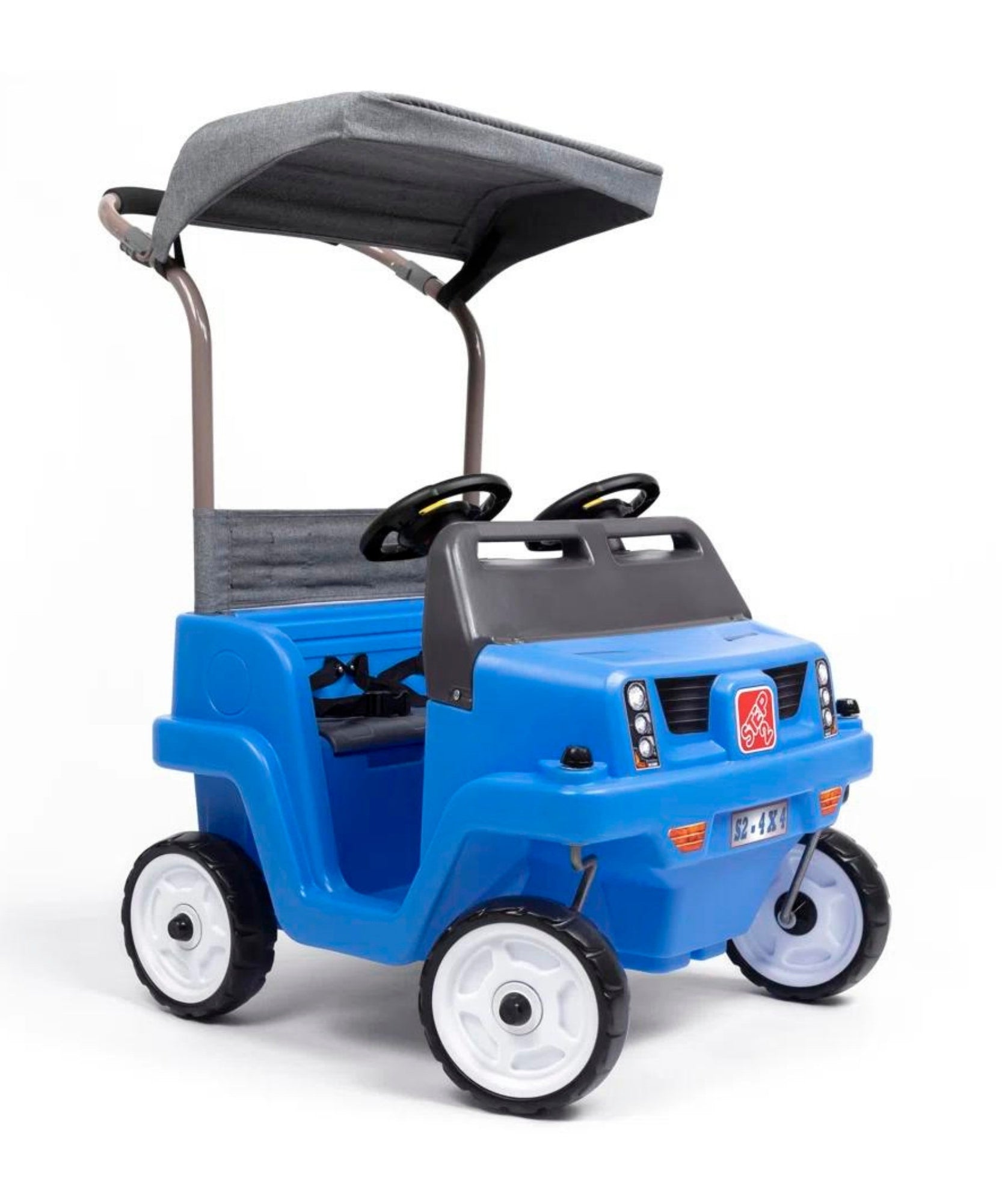 سيارة دفع رباعي جانبية من ستيب 2، سيارة دفع للأطفال بمقعدين مع مظلة، لعبة سهلة التخزين مع حزام أمان وبوق وتخزين أسفل المقعد، مناسبة للأطفال من الأولاد والبنات من سن 18 شهرًا فما فوق، باللون الأزرق والرمادي