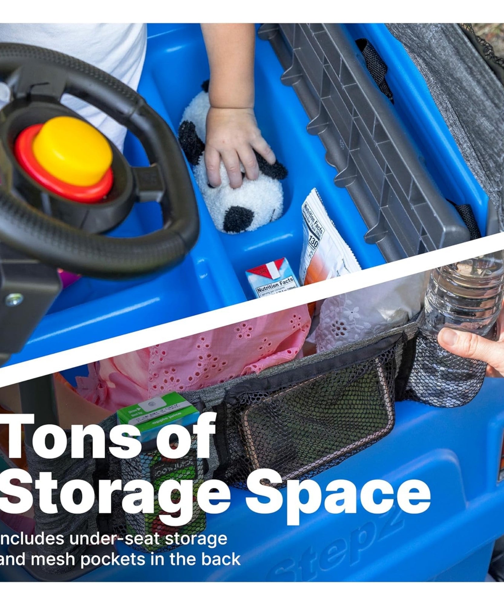 سيارة دفع رباعي جانبية من ستيب 2، سيارة دفع للأطفال بمقعدين مع مظلة، لعبة سهلة التخزين مع حزام أمان وبوق وتخزين أسفل المقعد، مناسبة للأطفال من الأولاد والبنات من سن 18 شهرًا فما فوق، باللون الأزرق والرمادي