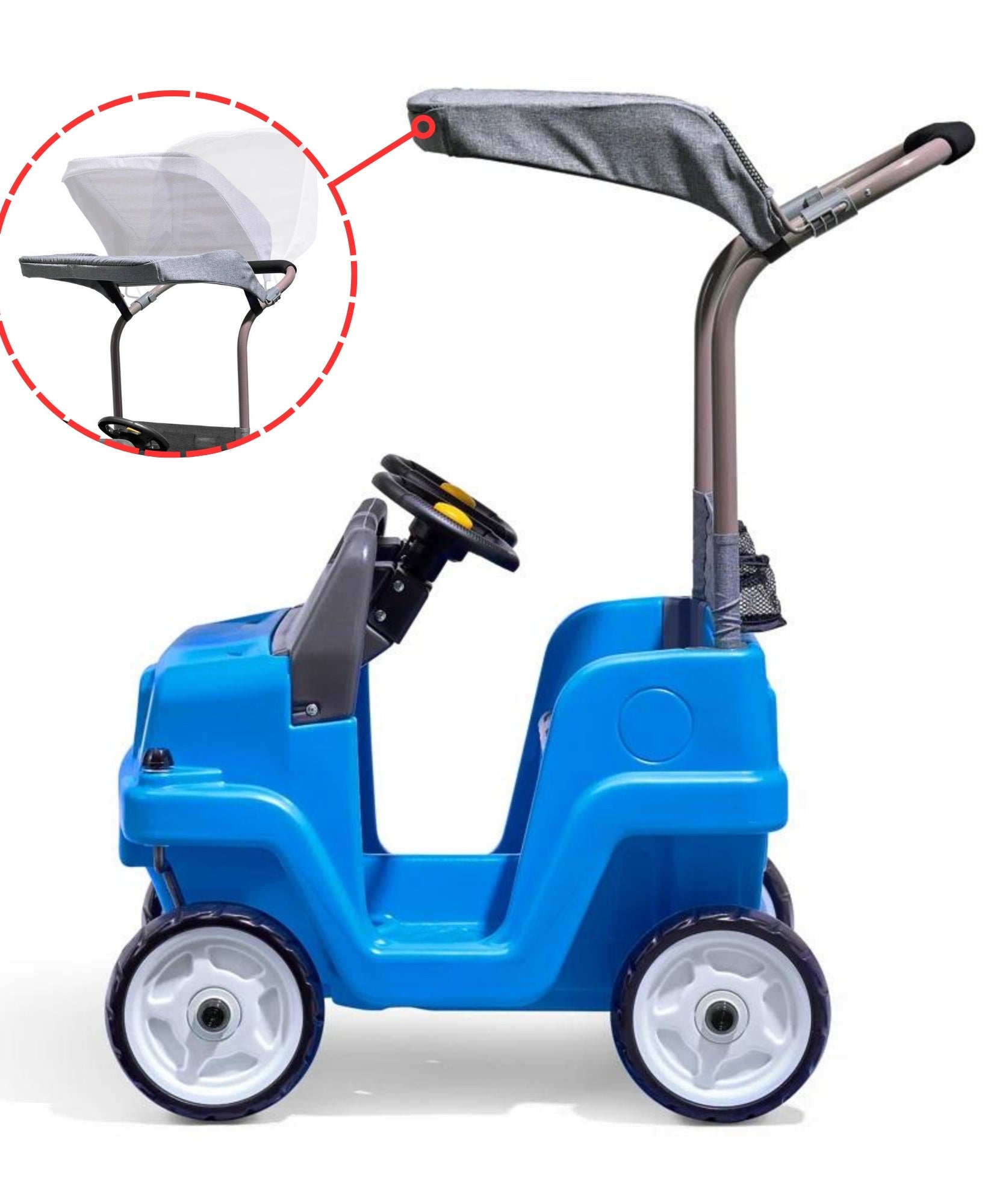 سيارة دفع رباعي جانبية من ستيب 2، سيارة دفع للأطفال بمقعدين مع مظلة، لعبة سهلة التخزين مع حزام أمان وبوق وتخزين أسفل المقعد، مناسبة للأطفال من الأولاد والبنات من سن 18 شهرًا فما فوق، باللون الأزرق والرمادي