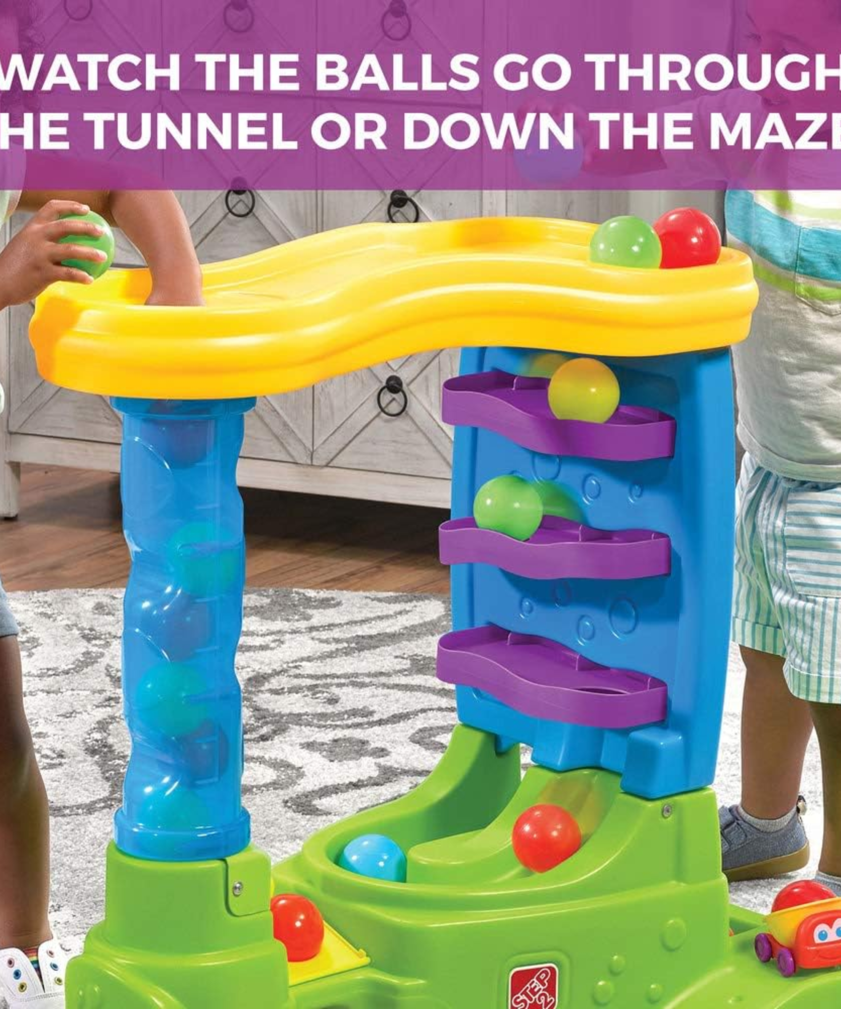 طاولة لعب حسية داخلية وخارجية من ستيب 2 بول باديز دبل دروب إتش كيو، لعبة نشاط مع 12 قطعة من الملحقات بما في ذلك الكرات ولعبة STEM ومركز الأنشطة، مناسبة للأولاد والبنات من عمر سنة فما فوق