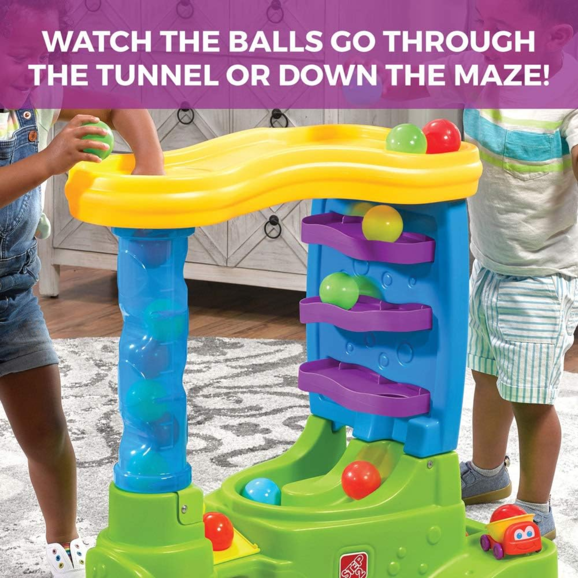 طاولة لعب حسية داخلية وخارجية من ستيب 2 بول باديز دبل دروب إتش كيو، لعبة نشاط مع 12 قطعة من الملحقات بما في ذلك الكرات ولعبة STEM ومركز الأنشطة، مناسبة للأولاد والبنات من عمر سنة فما فوق