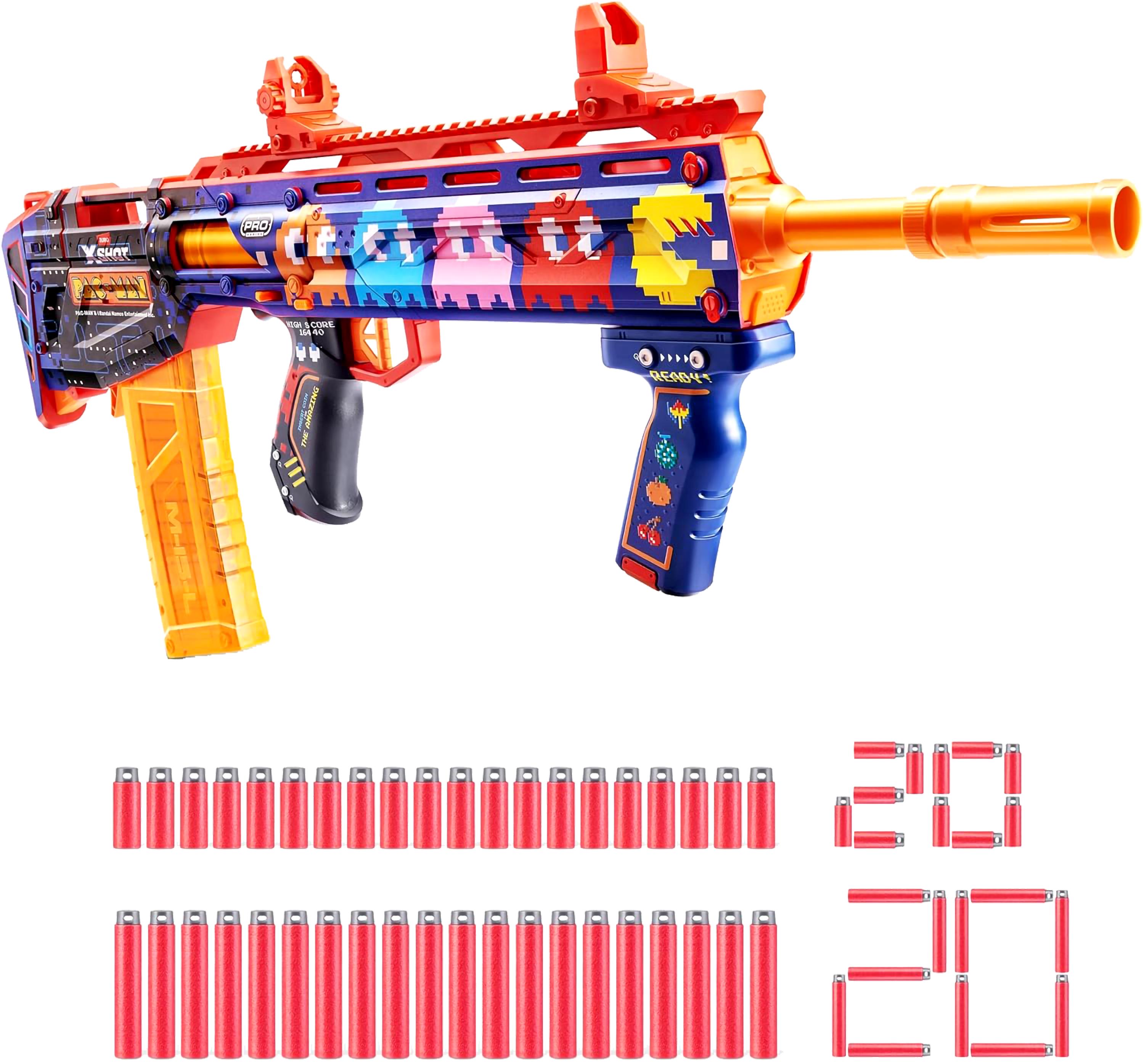 XShot Skins Pro Pac-Man Long Shot Blaster, 40 Darts, Slam Fire, Retro Skin, 2 Quick Clips, Half & Full-Length Ammo, Air Pocket Foam Tech, 66ft Range for Boys, Age 14+