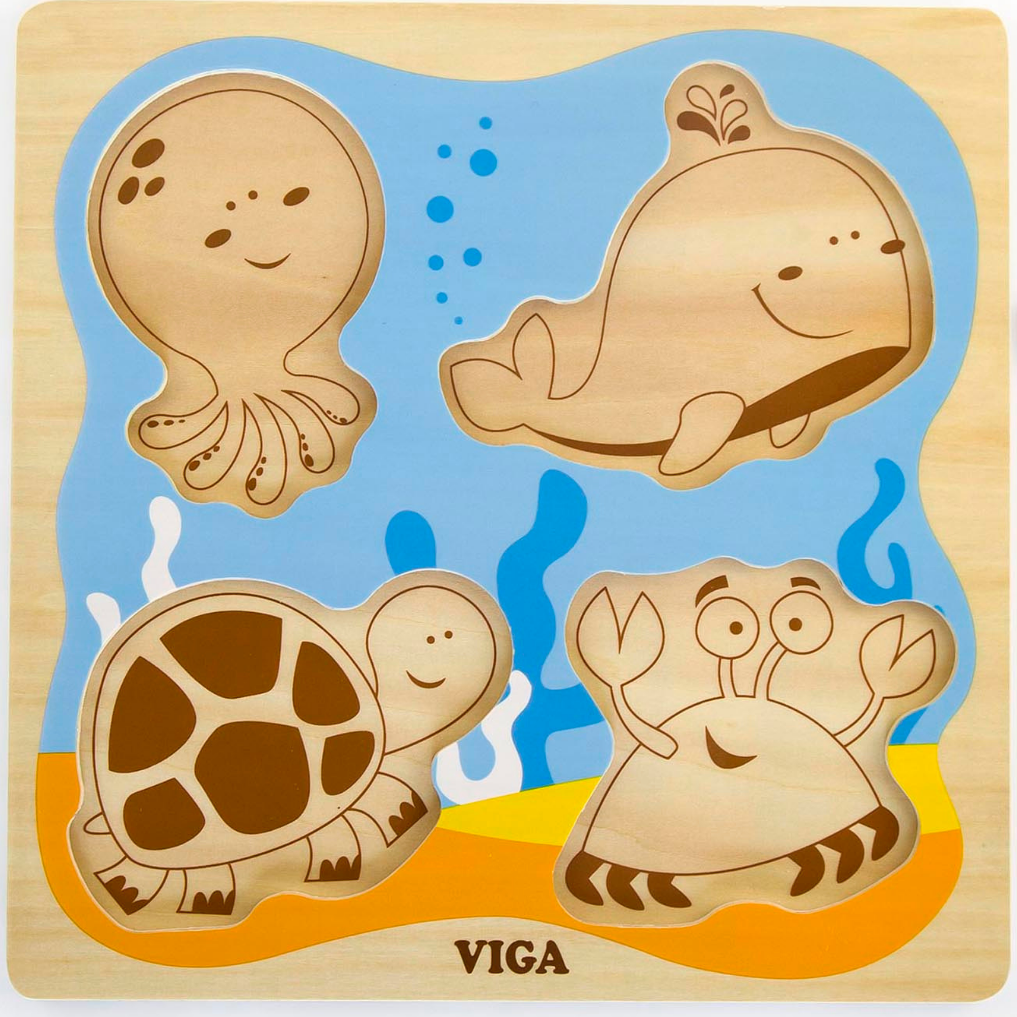 Viga Sea Creature, 4 Piece Knob Puzzle, Montessori Wooden Toy, Develops Sensory, Cognitive & Fine Motor Skills, Non-Toxic & Eco-friendly Kids Educational Toy, Suitable for Boys and Girls Aged 12M+