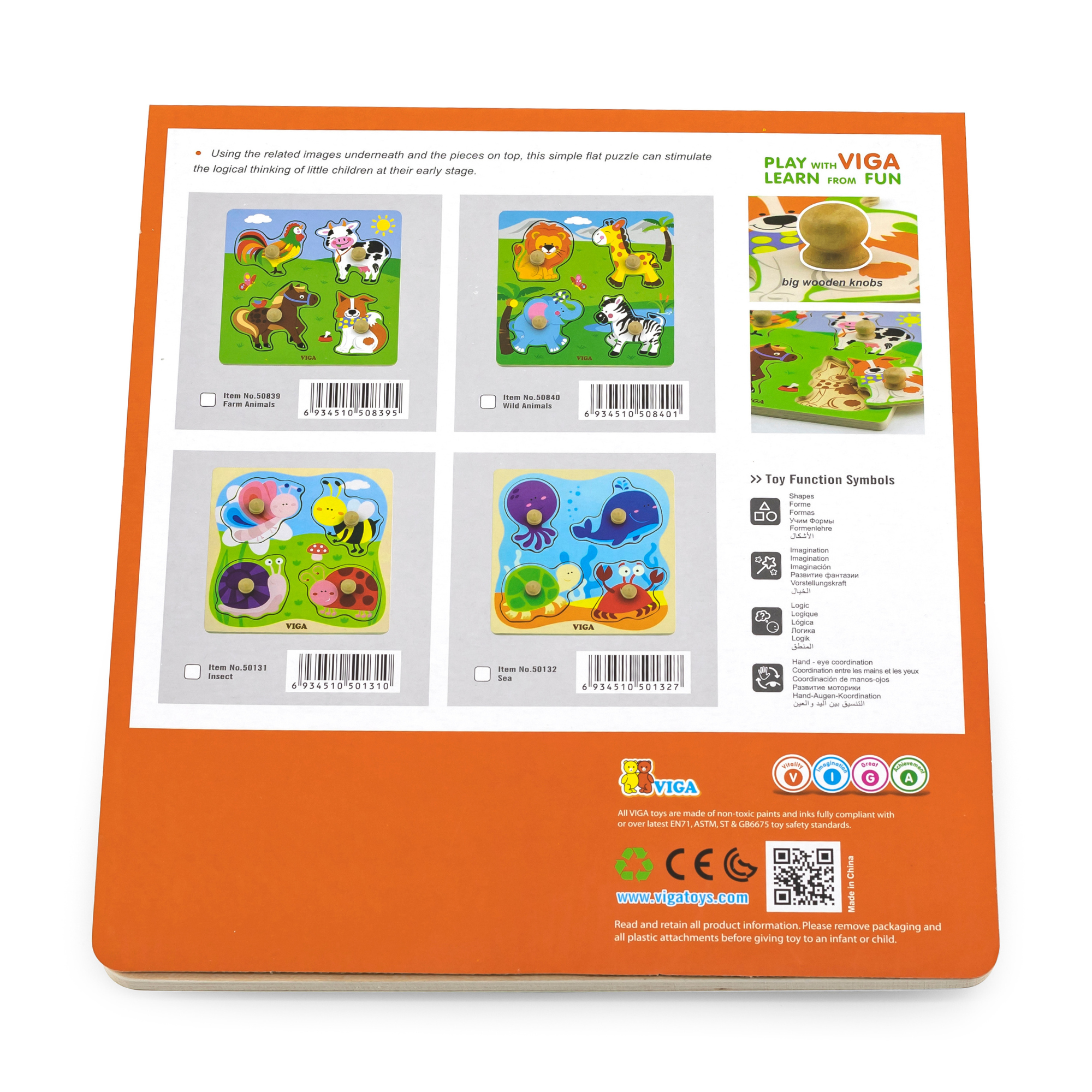 Viga Sea Creature, 4 Piece Knob Puzzle, Montessori Wooden Toy, Develops Sensory, Cognitive & Fine Motor Skills, Non-Toxic & Eco-friendly Kids Educational Toy, Suitable for Boys and Girls Aged 12M+