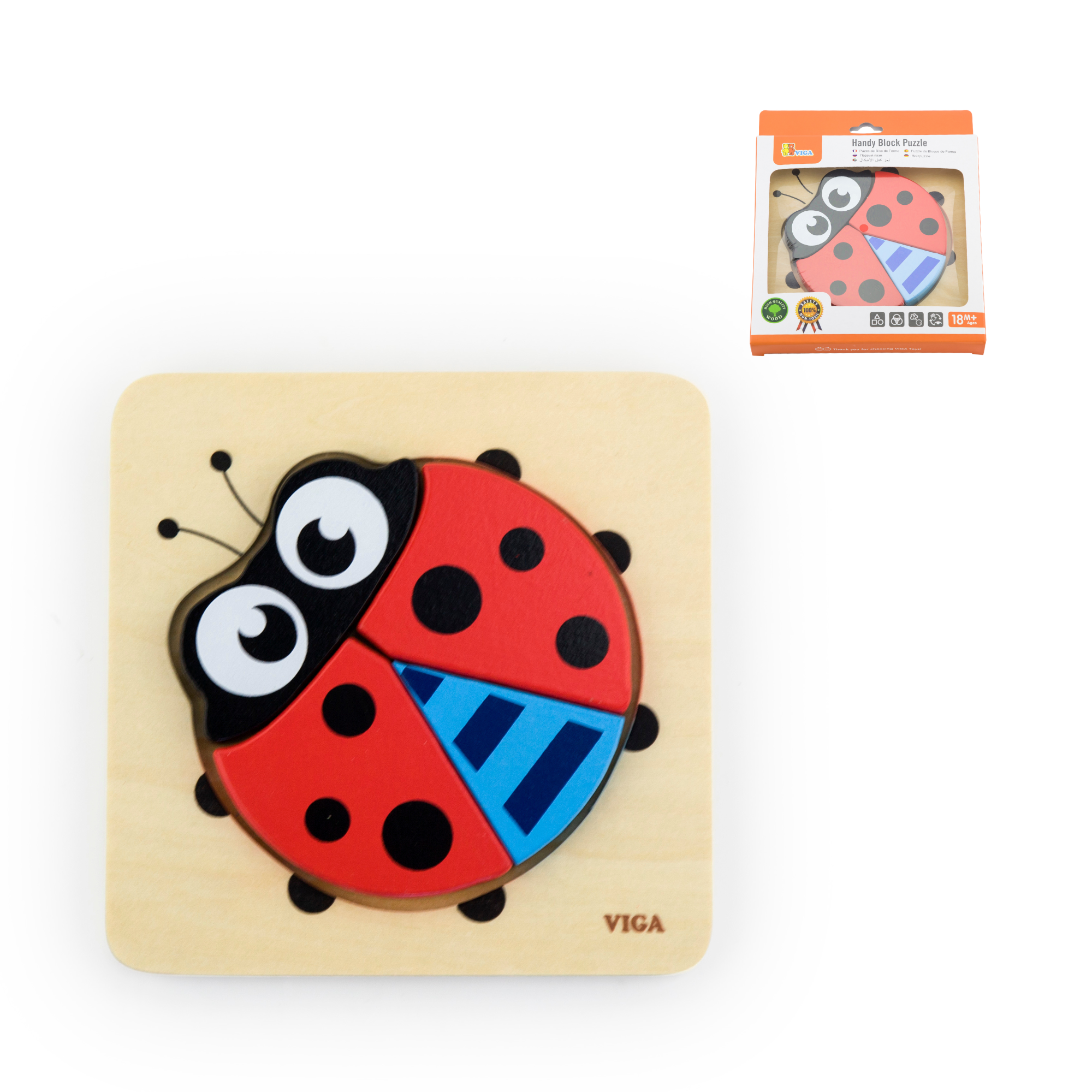 Viga Lady Bird, 4 Piece Block Puzzle, Montessori Wooden Toy, Develops Sensory, Cognitive & Fine Motor Skills, Non-Toxic & Eco-friendly Kids Educational Toy, Suitable for Boys and Girls Aged 18M+