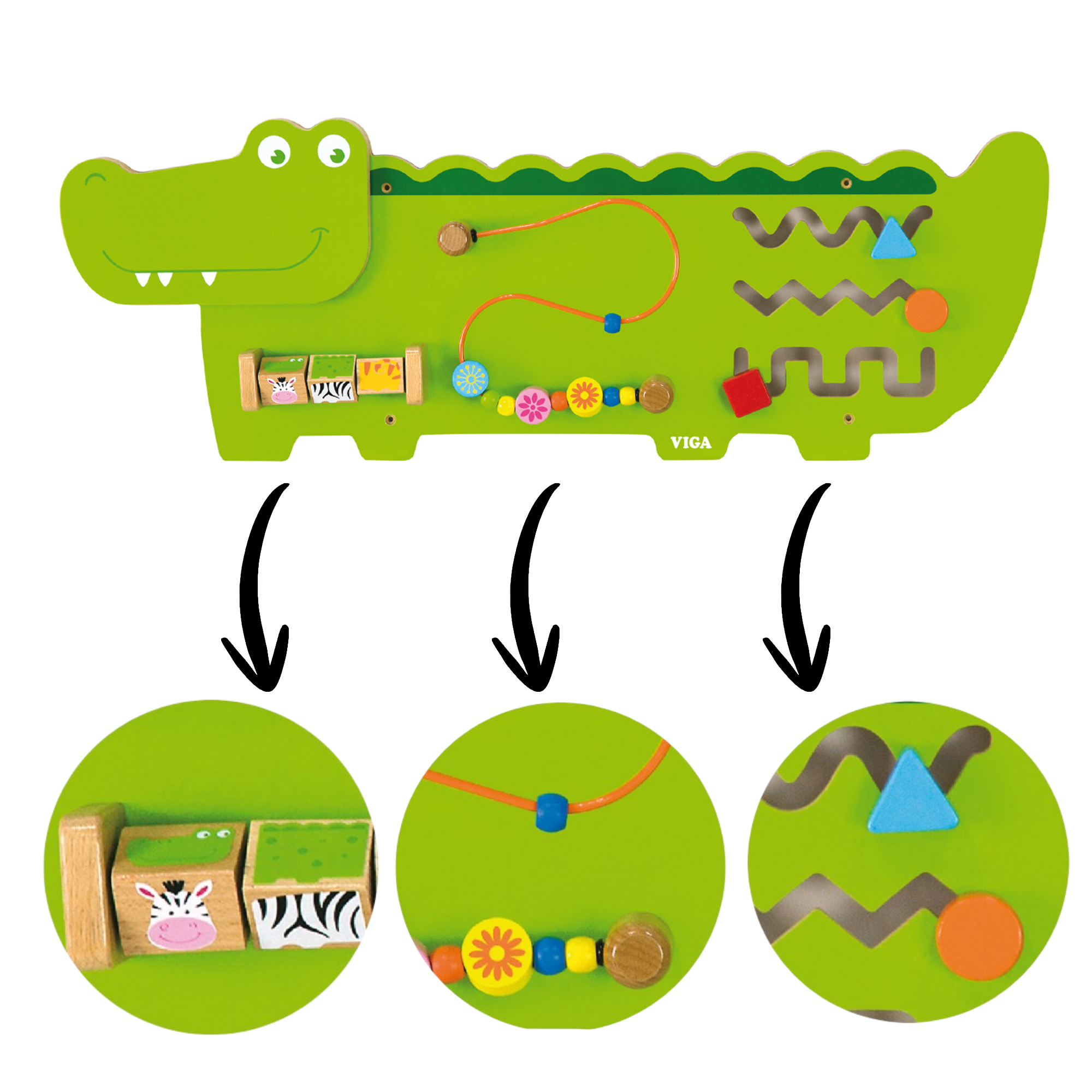 Viga Crocodile Wall Panel, Montessori Wooden Sensory Activity Board, Develops Logic, Hand-Eye Coordination & Motor Skills, Eco-Friendly & Non-Toxic Educational Toy, for Boys & Girls 18M+