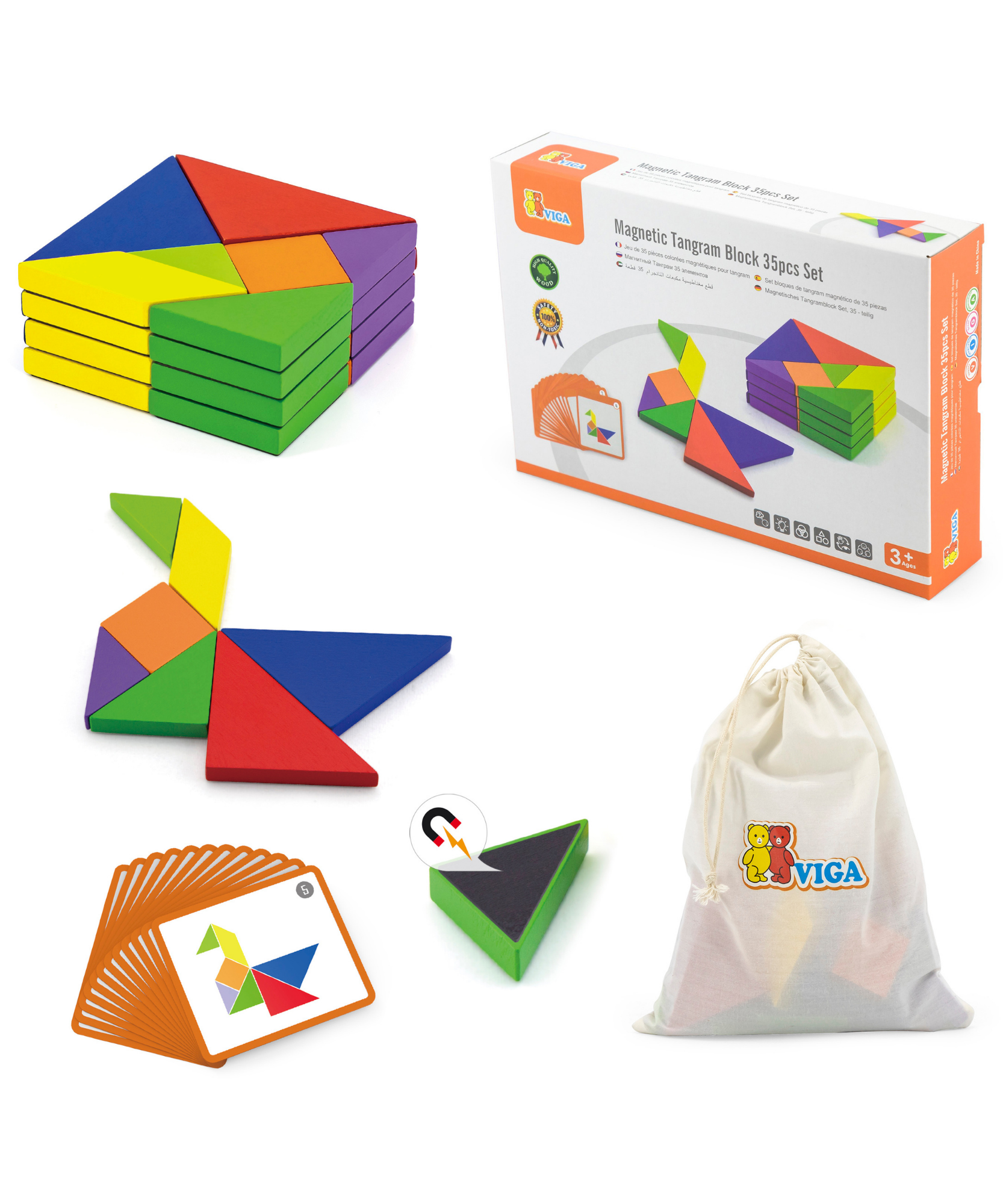 لعبة تانجرام مغناطيسية من فيجا، 35 قطعة أحجية هندسية، لعبة مونتيسوري خشبية، تُنمّي المهارات الحسية والإدراكية والحركية الدقيقة، لعبة تعليمية غير سامة وصديقة للبيئة للأطفال، للأولاد والبنات من عمر 3 سنوات فما فوق