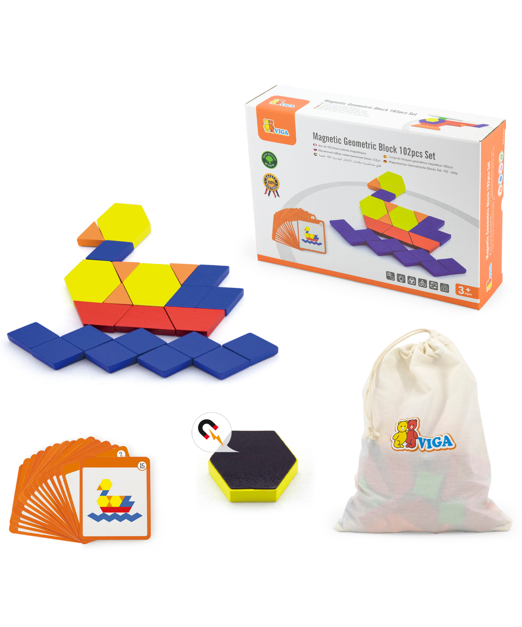 مكعبات هندسية من فيجا، 102 قطعة أحجية مغناطيسية، لعبة مونتيسوري خشبية، تنمي المهارات الحسية والإدراكية والحركية الدقيقة، غير سامة وصديقة للبيئة، لعبة تعليمية للأطفال، مناسبة للأطفال من سن 3 سنوات فما فوق