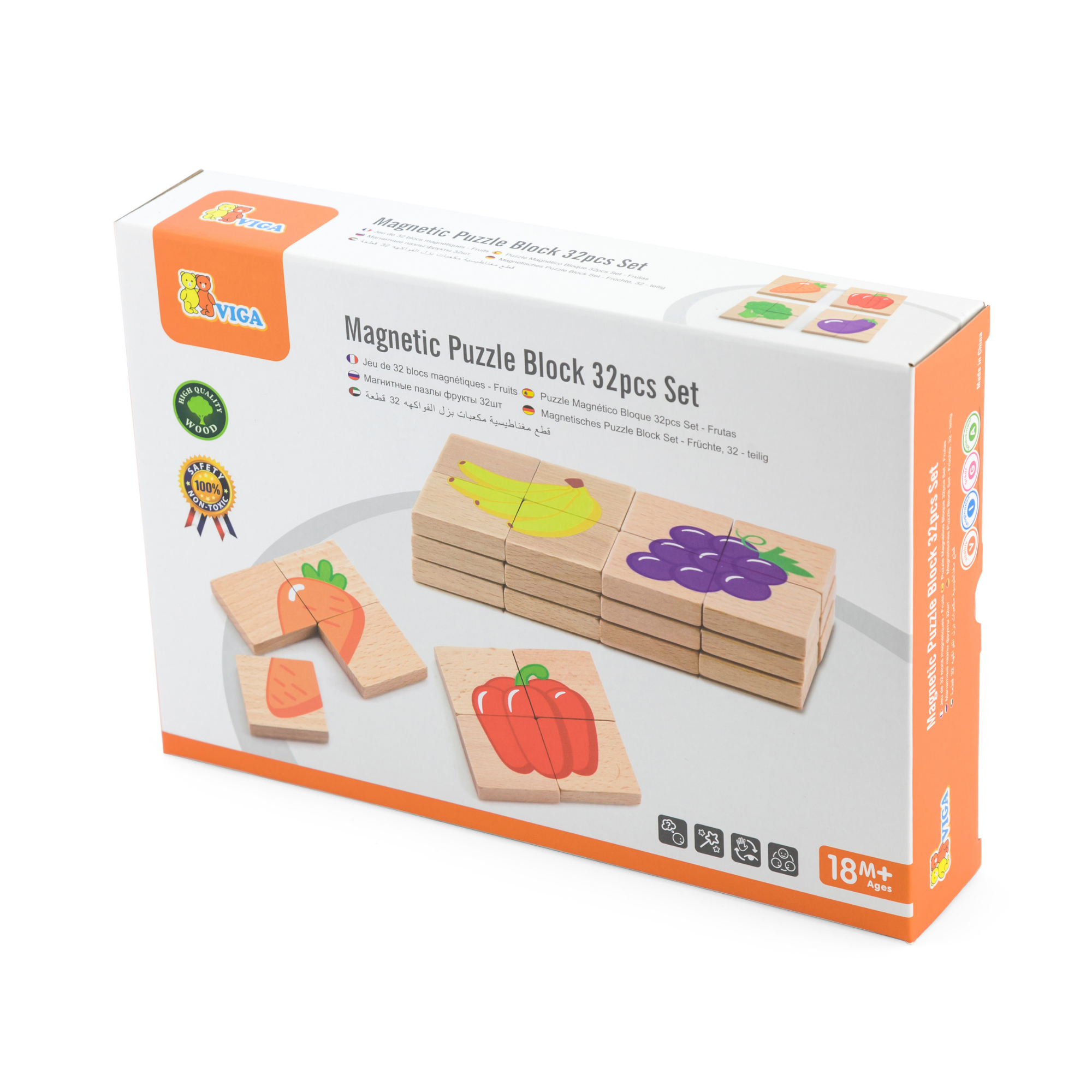 لعبة أحجية مكعبات مغناطيسية من فيجا فروتس، 32 قطعة، لعبة مونتيسوري خشبية، تنمي المهارات الحسية والإدراكية والحركية الدقيقة، غير سامة وصديقة للبيئة، مناسبة للأطفال من سن 18 شهرًا فما فوق