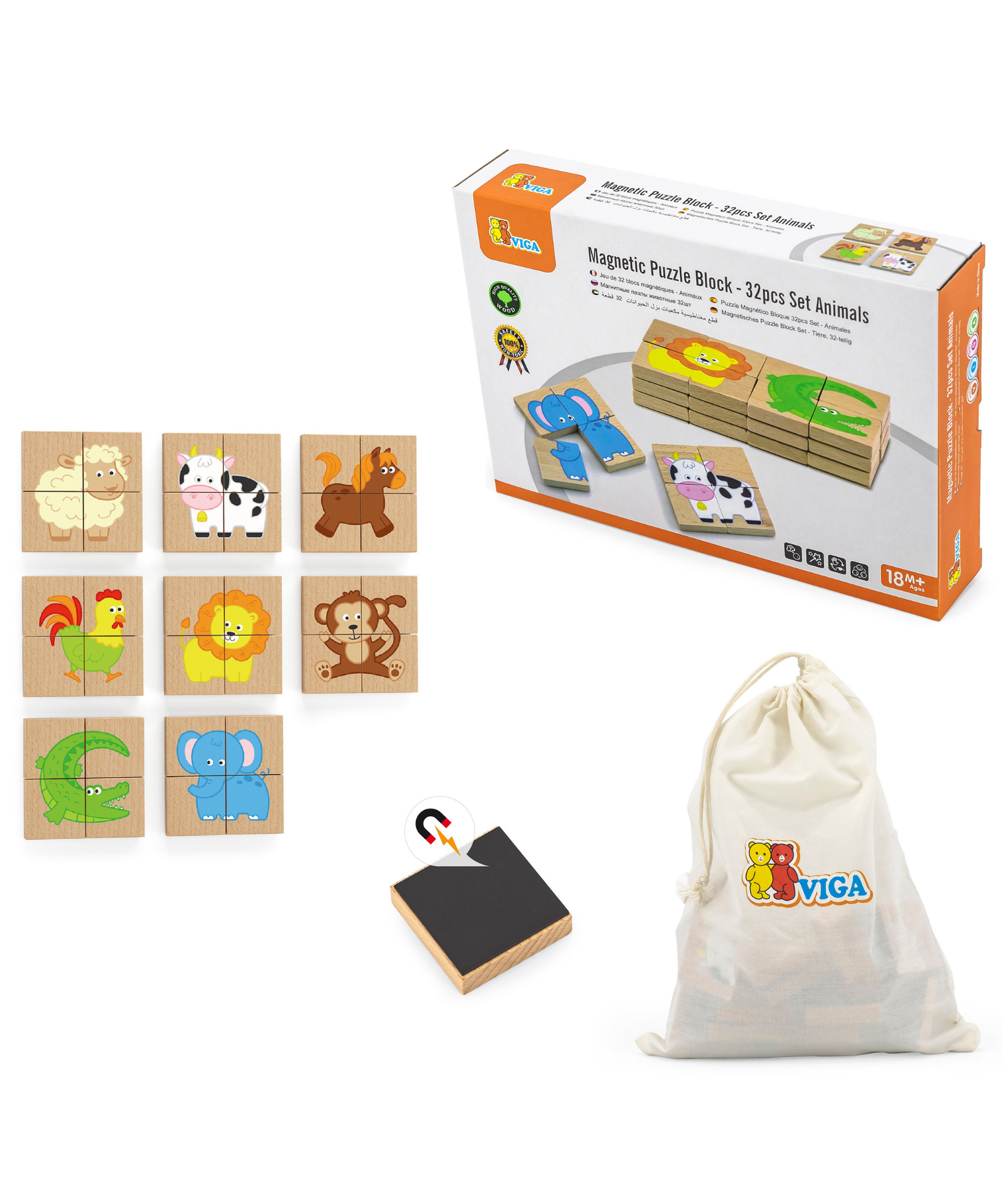 لعبة أحجية مغناطيسية من فيجا أنيمالز، 32 قطعة، لعبة مونتيسوري خشبية، تنمي المهارات الحسية والإدراكية والحركية الدقيقة، غير سامة وصديقة للبيئة، مناسبة للأطفال من سن 18 شهرًا فما فوق