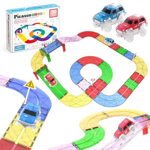 PicassoTiles Magnetic Race Car Track Building Block Educational Toy Set - 30 Piece