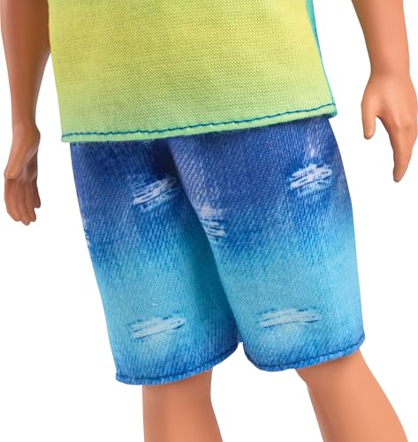 Barbie Fashionistas Ken Doll #236 with Black Hair, Wearing Blue and Green Ombre Tank with Jean Shorts and Silver Sneakers