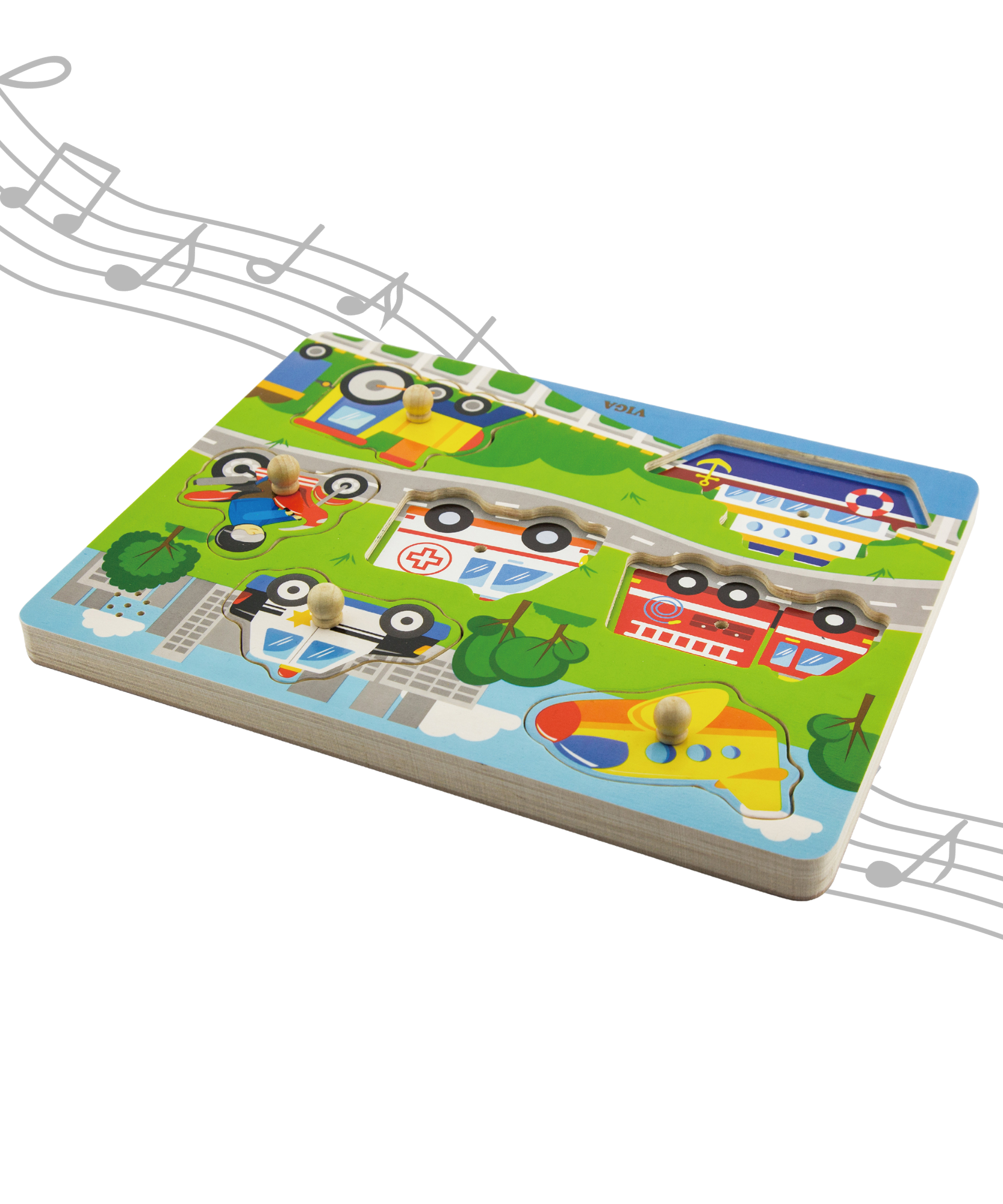 Viga Transportation, 7 Piece Block Puzzle with Sound, Montessori Wooden Toy, Develops Sensory, Cognitive & Fine Motor Skills, Non-Toxic & Eco-friendly Kids Educational Toy, Suitable for Children 18M+