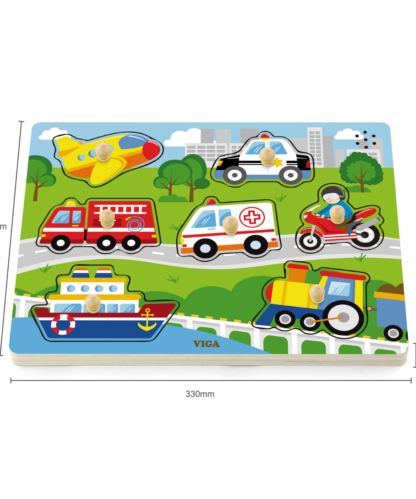 Viga Transportation, 7 Piece Block Puzzle with Sound, Montessori Wooden Toy, Develops Sensory, Cognitive & Fine Motor Skills, Non-Toxic & Eco-friendly Kids Educational Toy, Suitable for Children 18M+