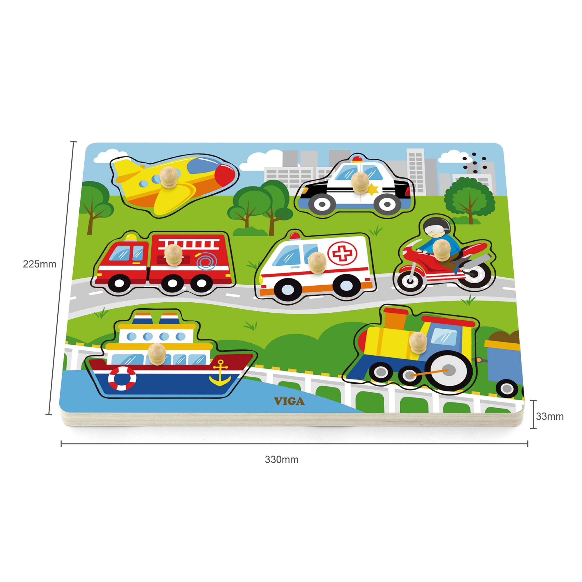 Viga Transportation, 7 Piece Block Puzzle with Sound, Montessori Wooden Toy, Develops Sensory, Cognitive & Fine Motor Skills, Non-Toxic & Eco-friendly Kids Educational Toy, Suitable for Children 18M+