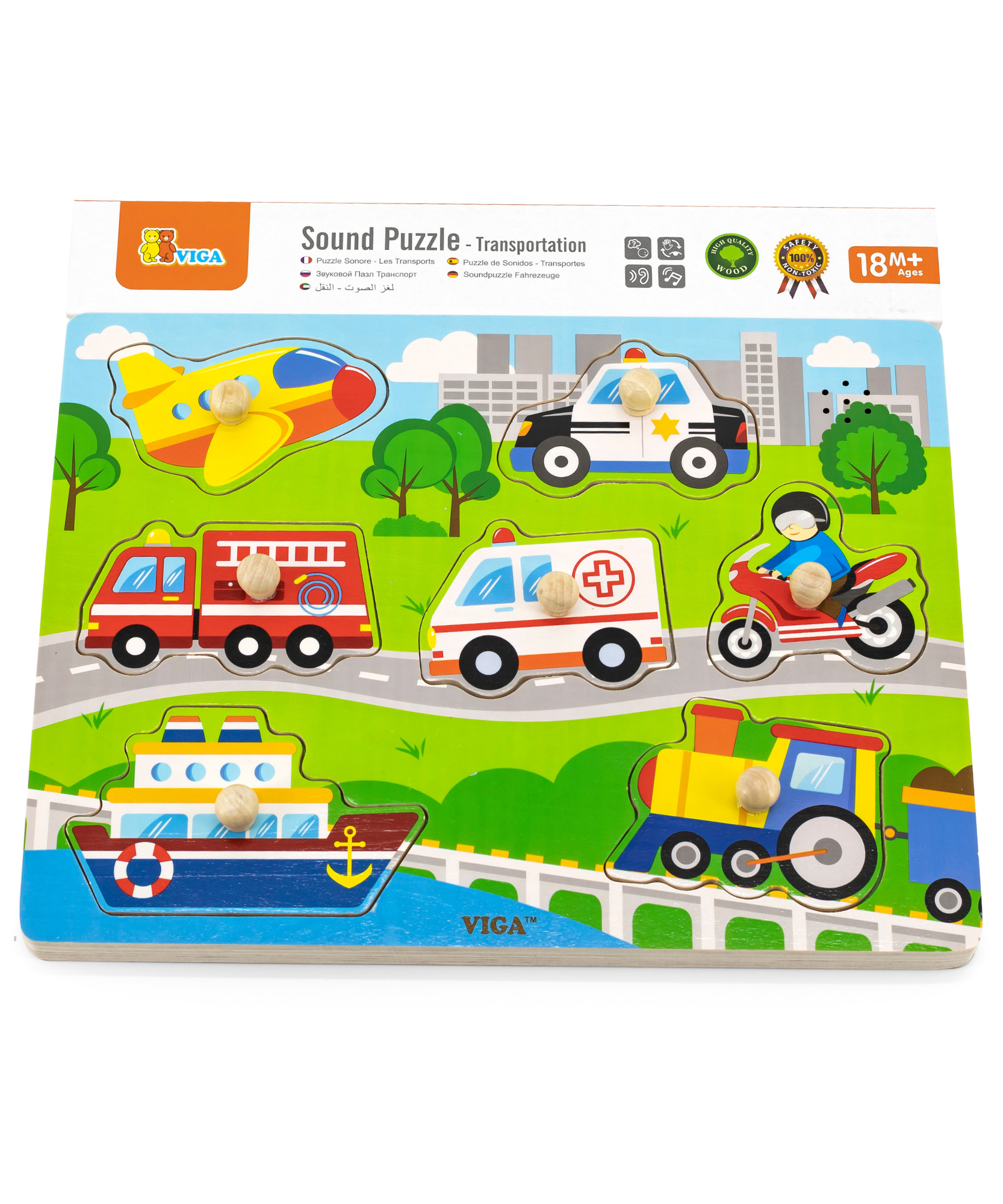 Viga Transportation, 7 Piece Block Puzzle with Sound, Montessori Wooden Toy, Develops Sensory, Cognitive & Fine Motor Skills, Non-Toxic & Eco-friendly Kids Educational Toy, Suitable for Children 18M+