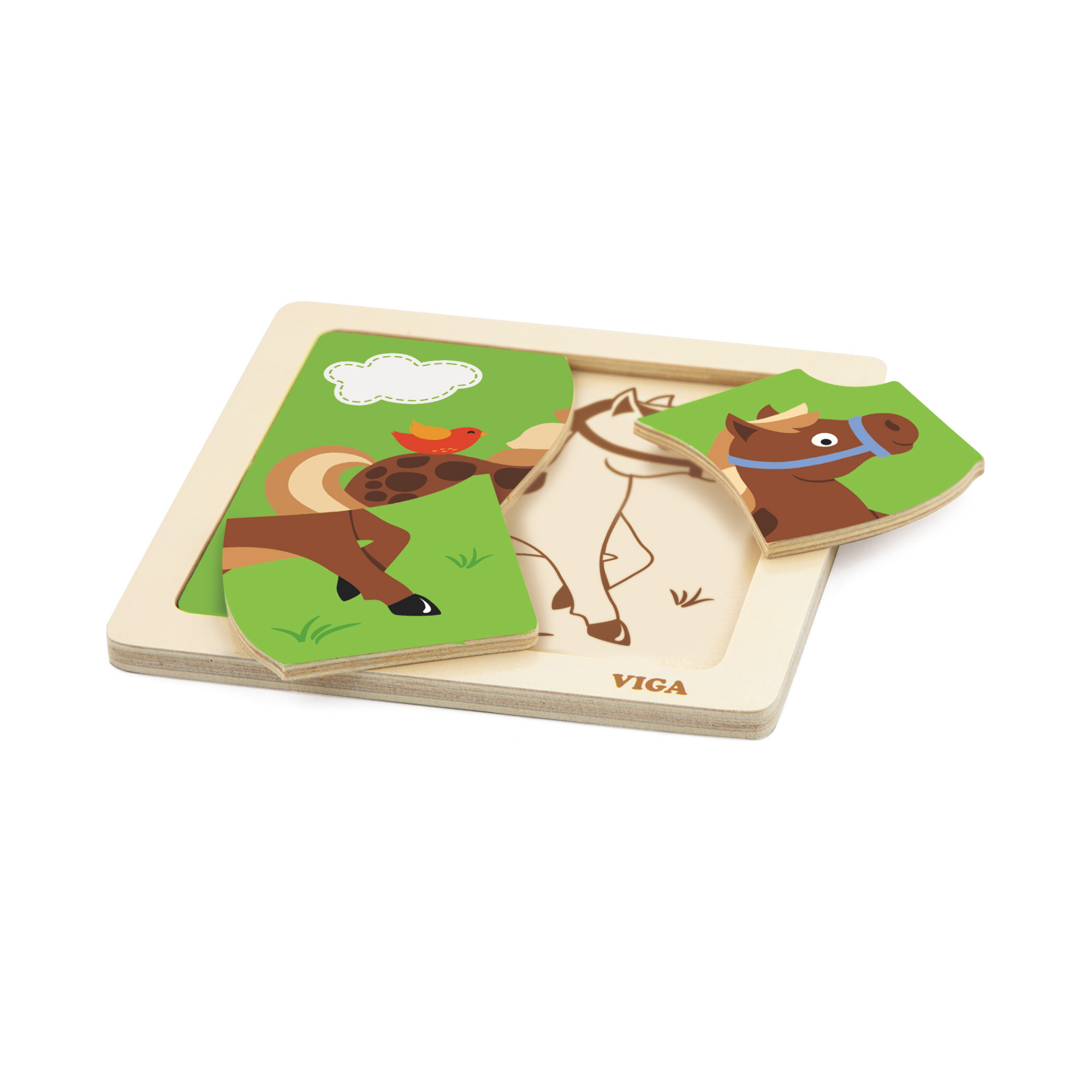 Viga Horse, 4 Piece Block Puzzle, Montessori Wooden Toy, Develops Sensory, Cognitive & Fine Motor Skills, Non-Toxic & Eco-friendly Kids Educational Toy, Suitable for Boys and Girls Aged 12M+