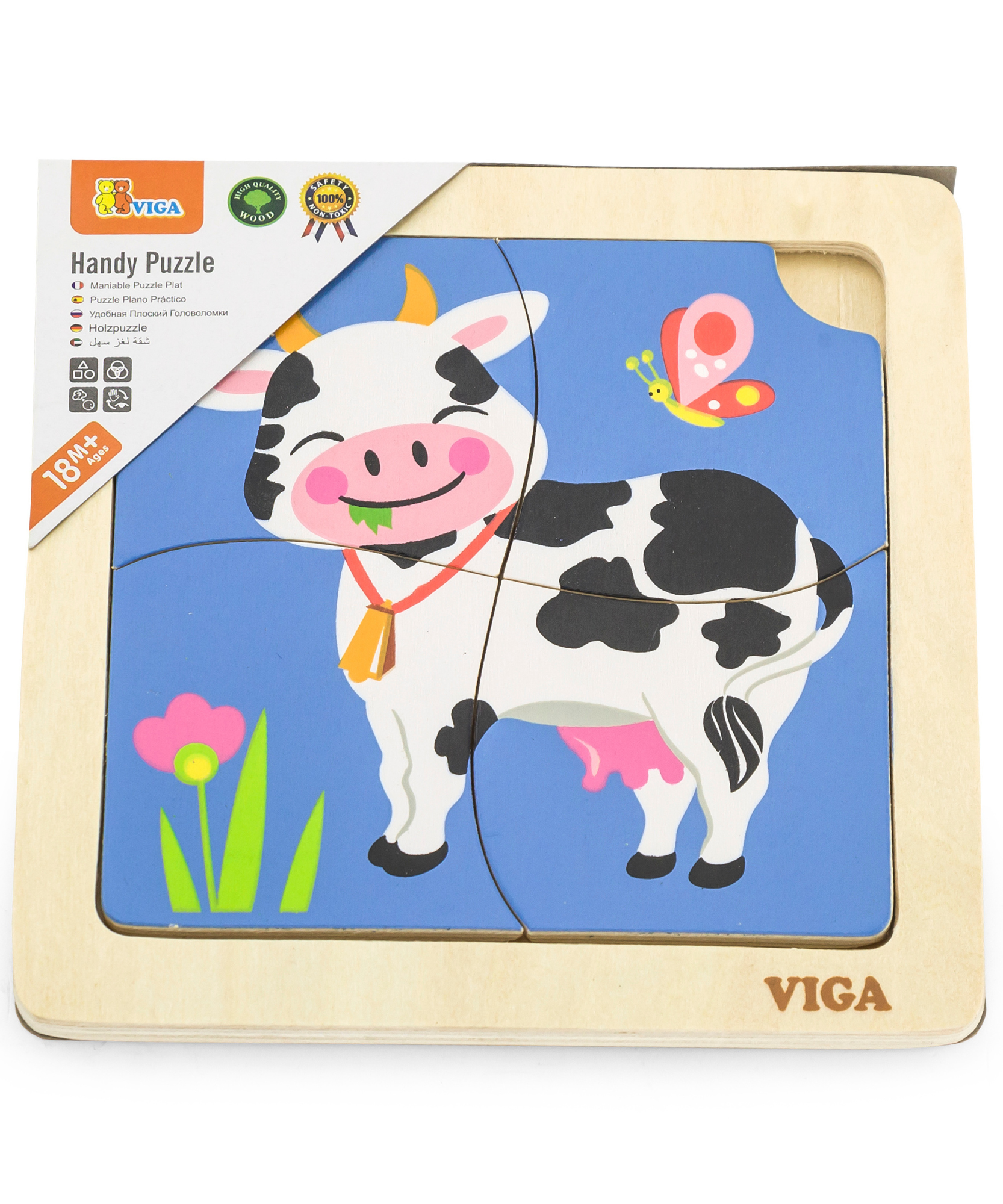 Viga Cow, 4 Piece Block Puzzle, Montessori Wooden Toy, Develops Sensory, Cognitive & Fine Motor Skills, Non-Toxic & Eco-friendly Kids Educational Toy, Suitable for Boys and Girls Aged 12M+
