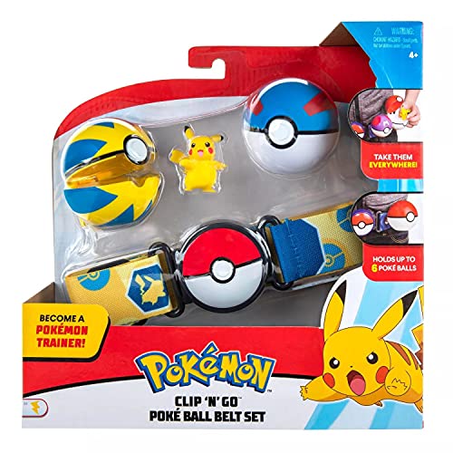 Pokémon Clip N Go Poké Ball Belt Set, Adjustable Trainer Belt with 2 Poké Balls and 2 Inch Pokémon Figure, Role Play Battle Accessory Toy, Ages 4+