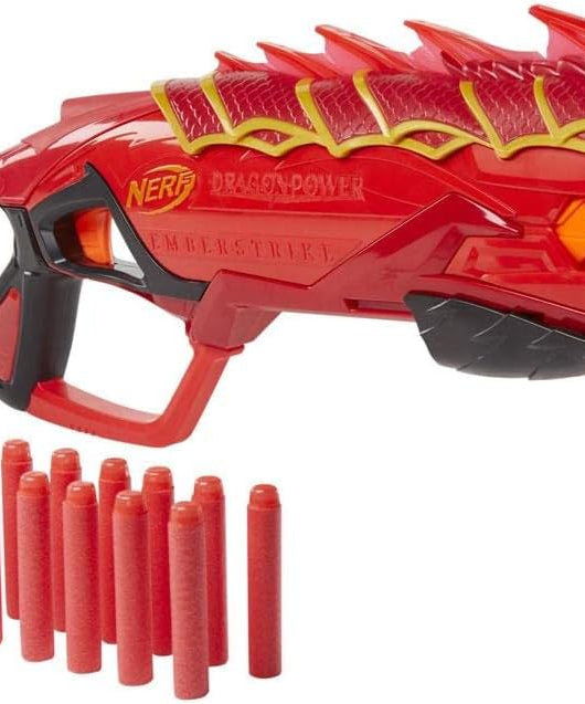مسدس نيرف دراجون باور إمبرسترايك، مستوحى من لعبة الزنزانات والتنينات، مزود بأسطوانة دوارة بثمانية سهام، يعمل بضخ الهواء، يتضمن 16 سهم نيرف إيليت مع مخزن للسهام، مسدس لعبة للأطفال من سن 8 سنوات فما فوق