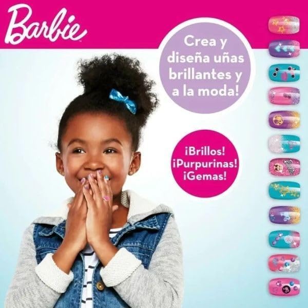Barbie All-in-One Glitter Nail Studio for Kids Ages 5 and Up with Color-Changing Dome, Trendy Nail Polishes, Glitter, Stickers and Fashionable Nails